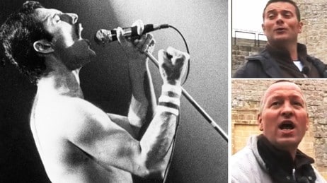 Mesternes Mester-deltakerne Grimseth og Sørloth etterligner Freddie Mercury (Foto: Fotomontasje Scanpix / NRK) Mesternes Mester-deltakerne Grimseth og Sørloth etterligner Freddie Mercury (Foto: Fotomontasje Scanpix / NRK)