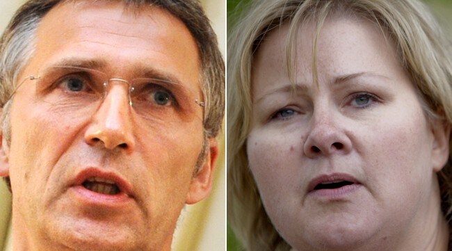 Jens Stoltenberg og Erna Solberg (Foto: Stian Lysberg Solum/NATALIA KOLESNIKOVA/Scanpix/AFP) Jens Stoltenberg og Erna Solberg (Foto: Stian Lysberg Solum/NATALIA KOLESNIKOVA/Scanpix/AFP)