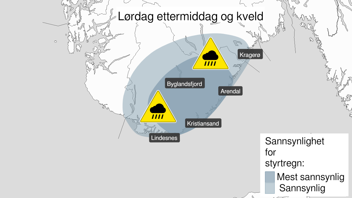 Fare for styrtregn lørdag