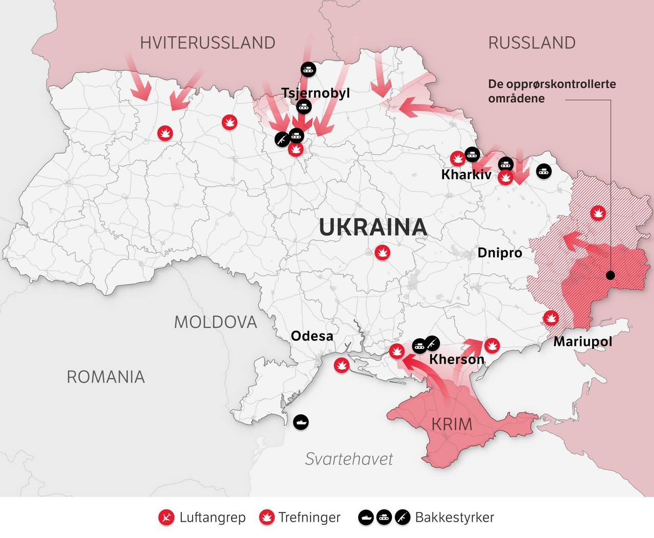 Kart over angrep i Ukraina 25.02 14:00