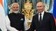 Reuters Indias statsminister Narendra Modi og Russlands president Vladimir Putin håndhilser. Bak dem henger flaggene til India og Russland. (Bildebeskrivelsen er laget av en KI-tjeneste)