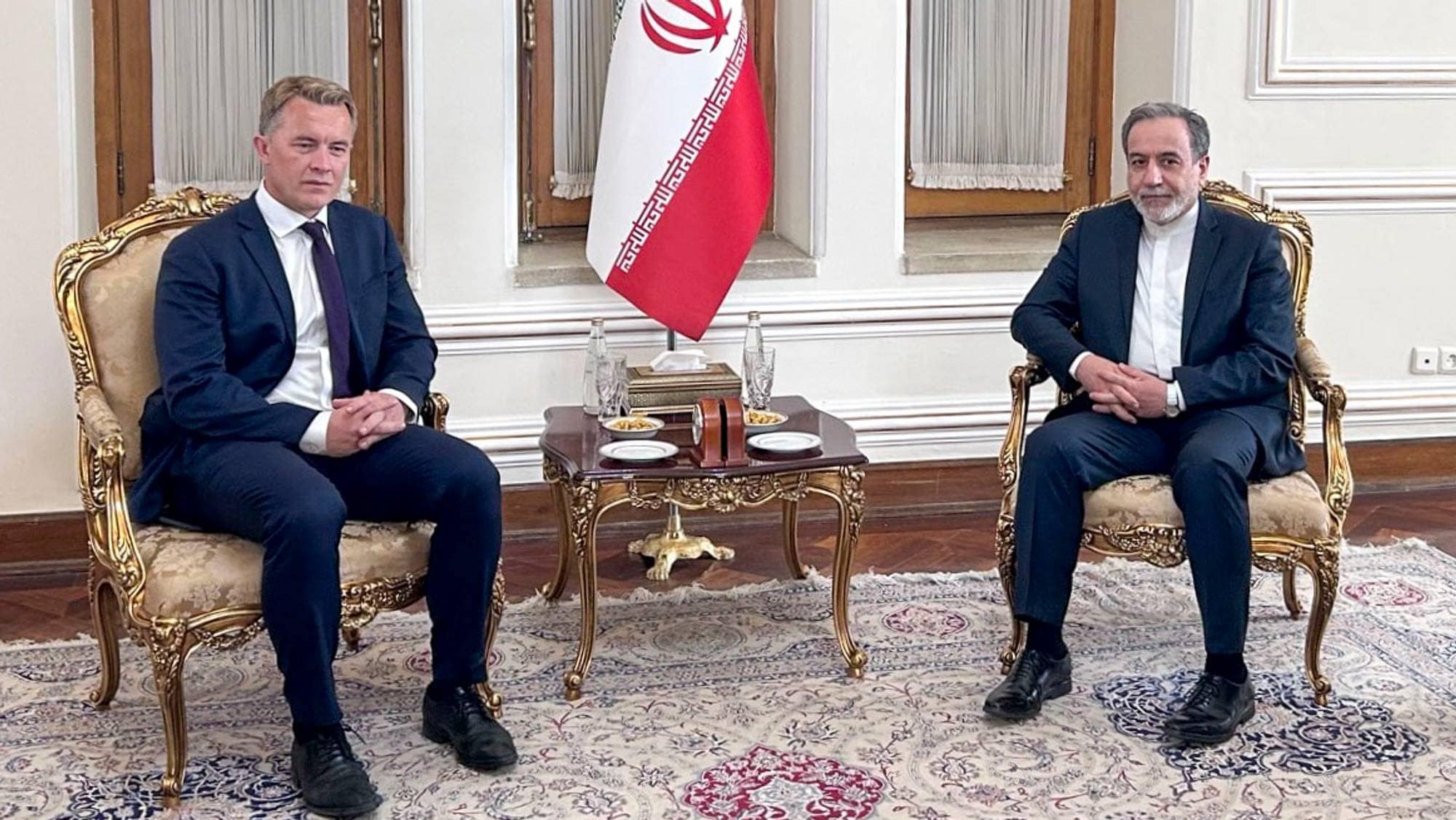 Statssekretær Andreas Kravik i møte med Irans utenriksminister Abbas Araghch 14. mai.