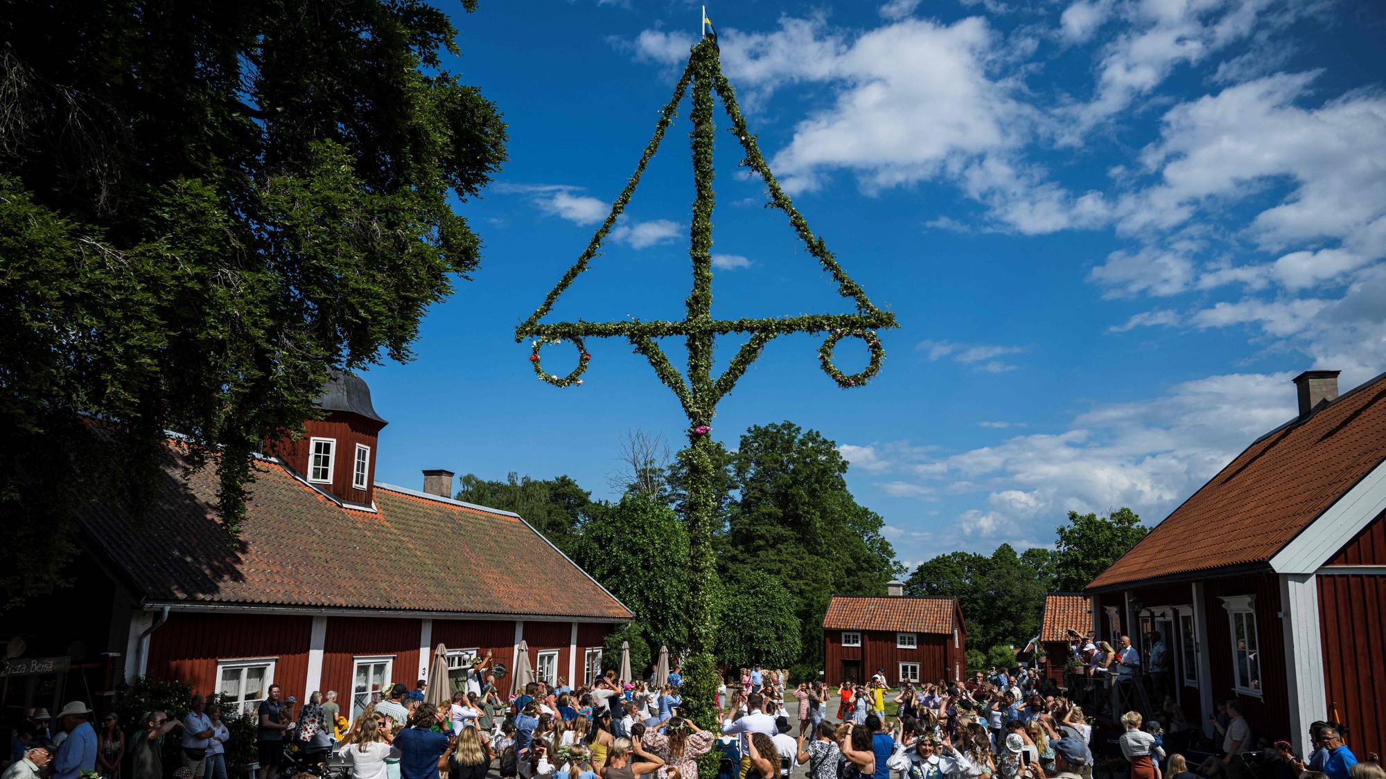 En stor folkemengde samles rundt en blomsterpyntet stang midt på en gressplen. Mange av folkene, inkludert barn, har blomsterkranser i håret. I bakgrunnen sees røde trehus med hvite vinduskarmer, typisk for svensk bygningsstil. (Bildebeskrivelsen er laget av en KI-tjeneste)