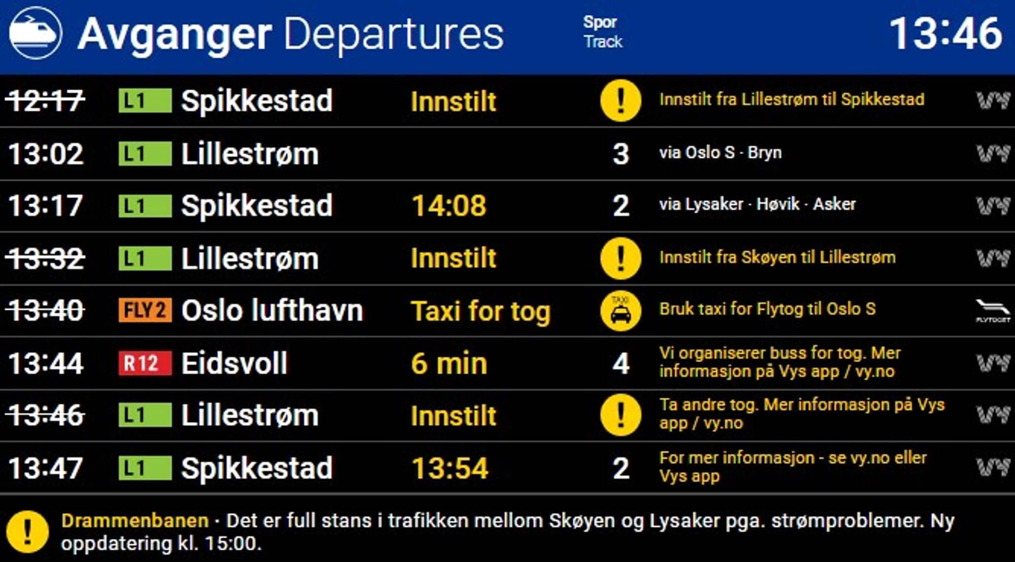 En oppslagstavle som viser flere innstilte avganger med toget.