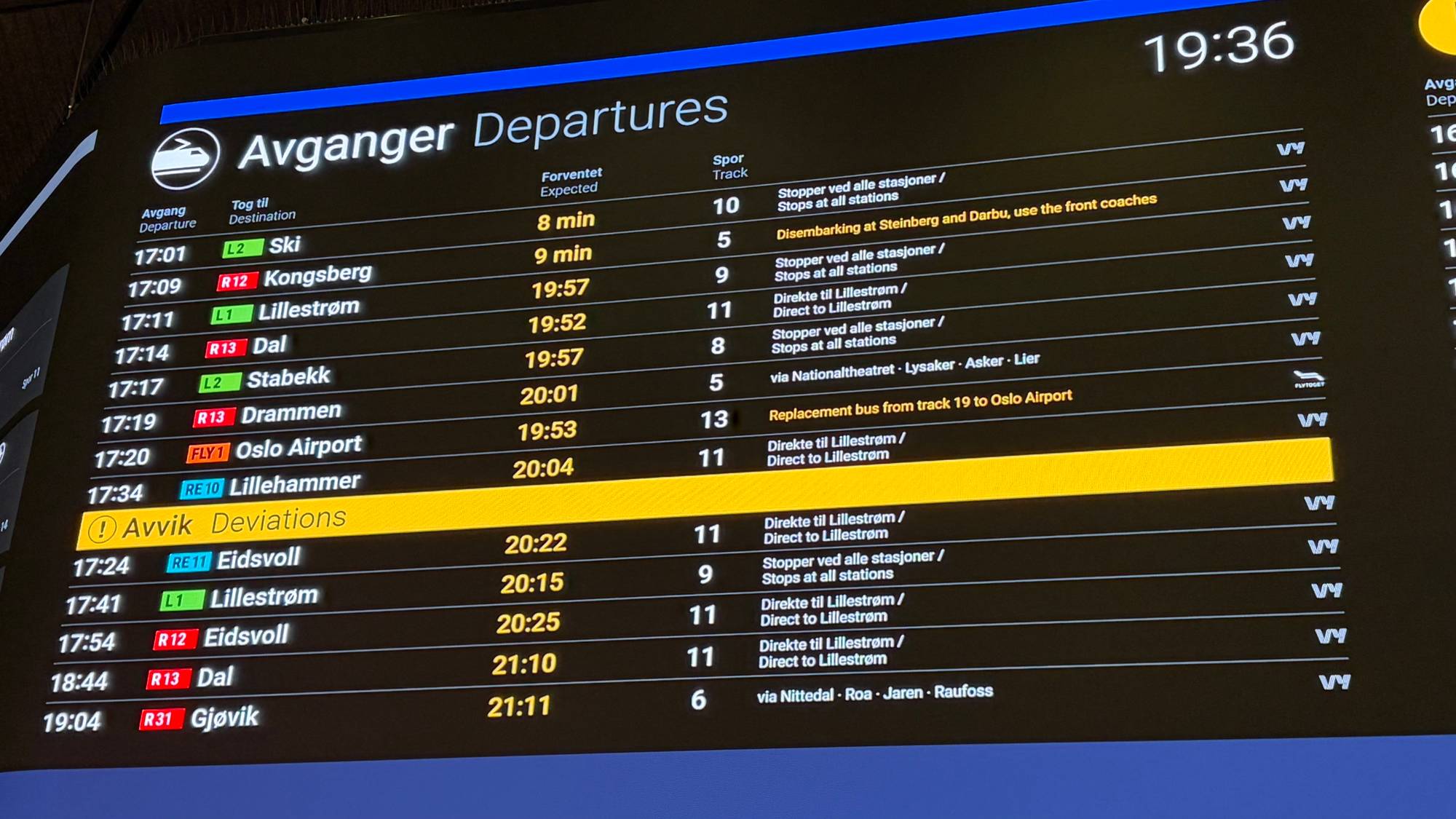 Digital informasjonstavle som viser togavganger og forsinkelser på en jernbanestasjon. (Bildebeskrivelsen er laget av en KI-tjeneste)