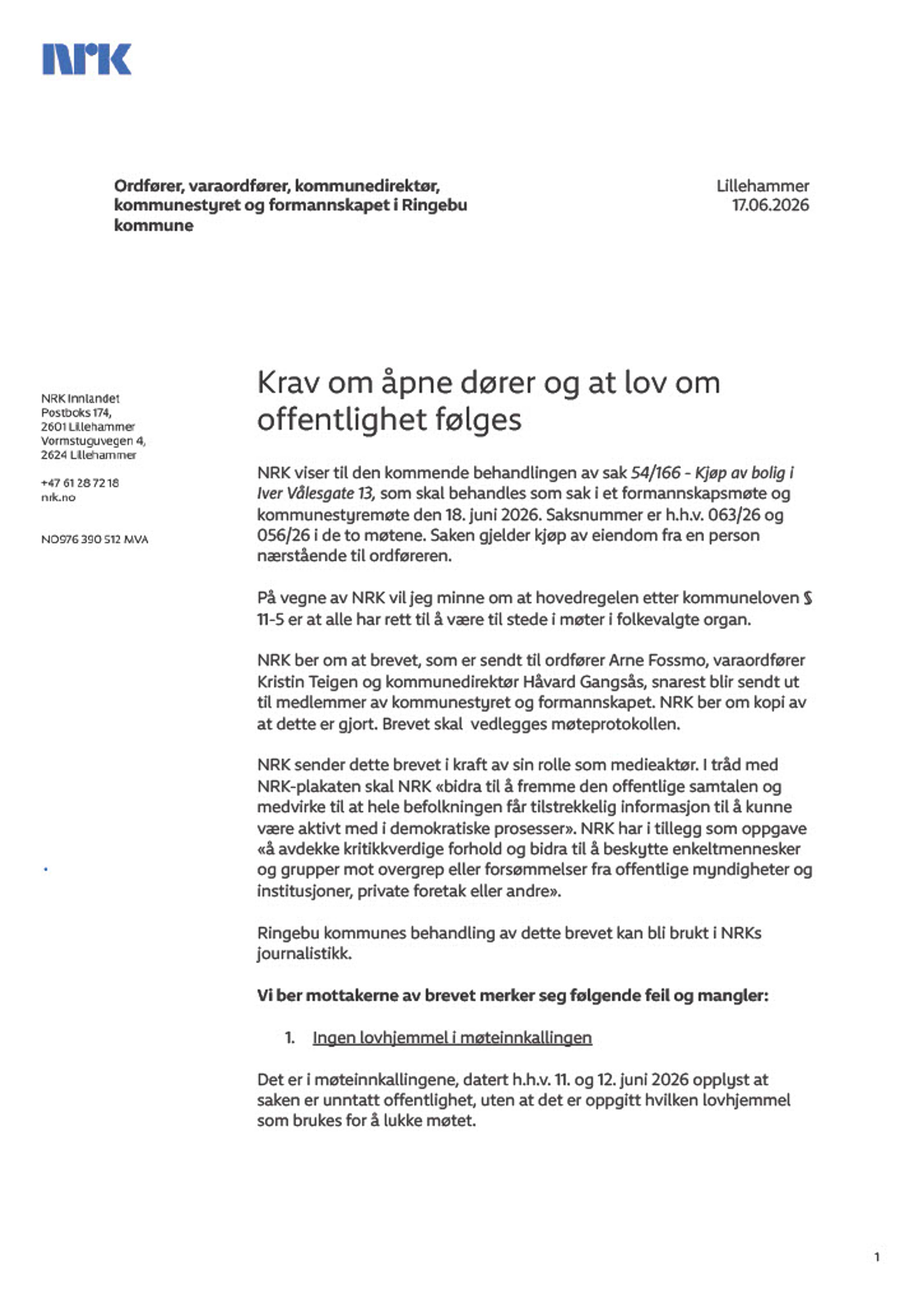 NRKs brev til Ringebu kommune om kjøp av ordfører Arne Fossmos barndomshjem