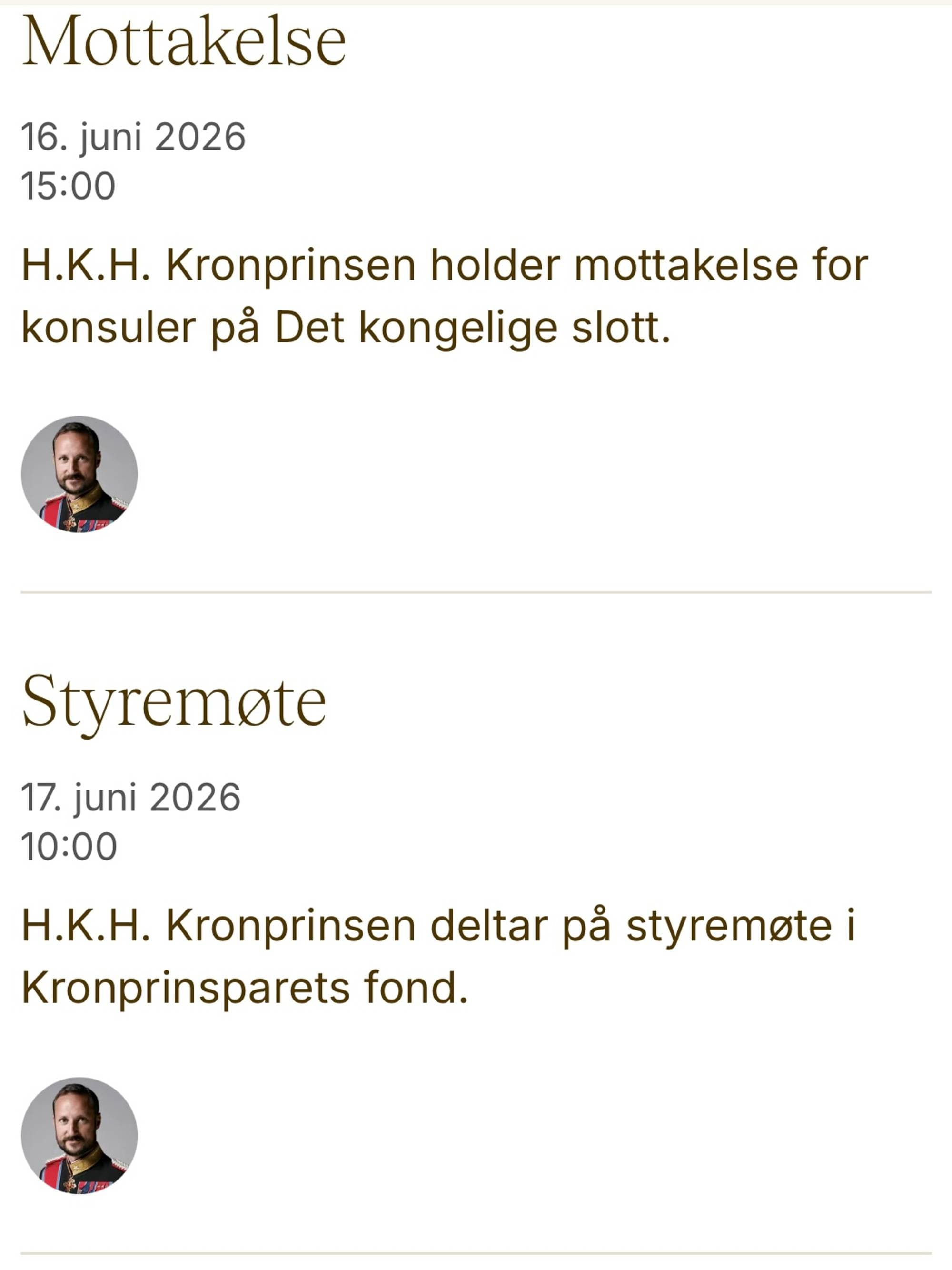 Skjermbilde av kongehusets offisielle kalender