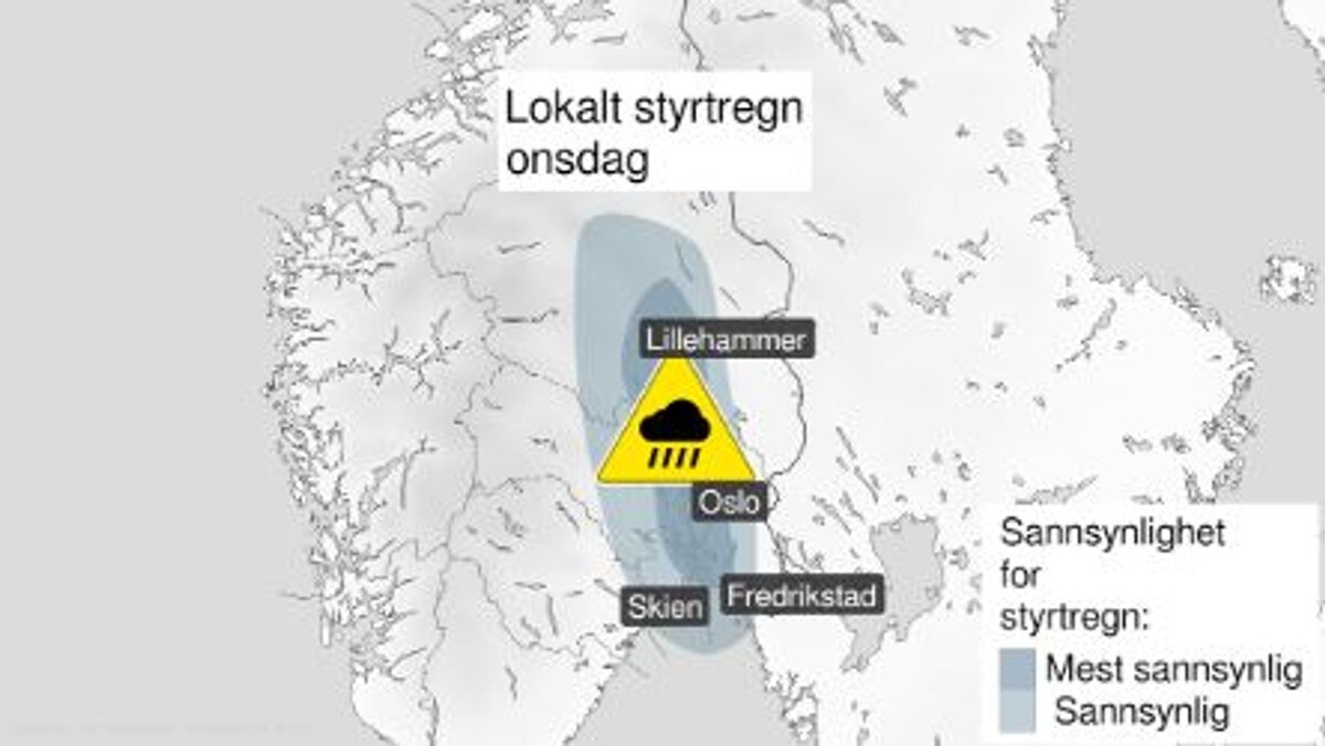 Farevarsel for styrtregn for deler av Østlandet