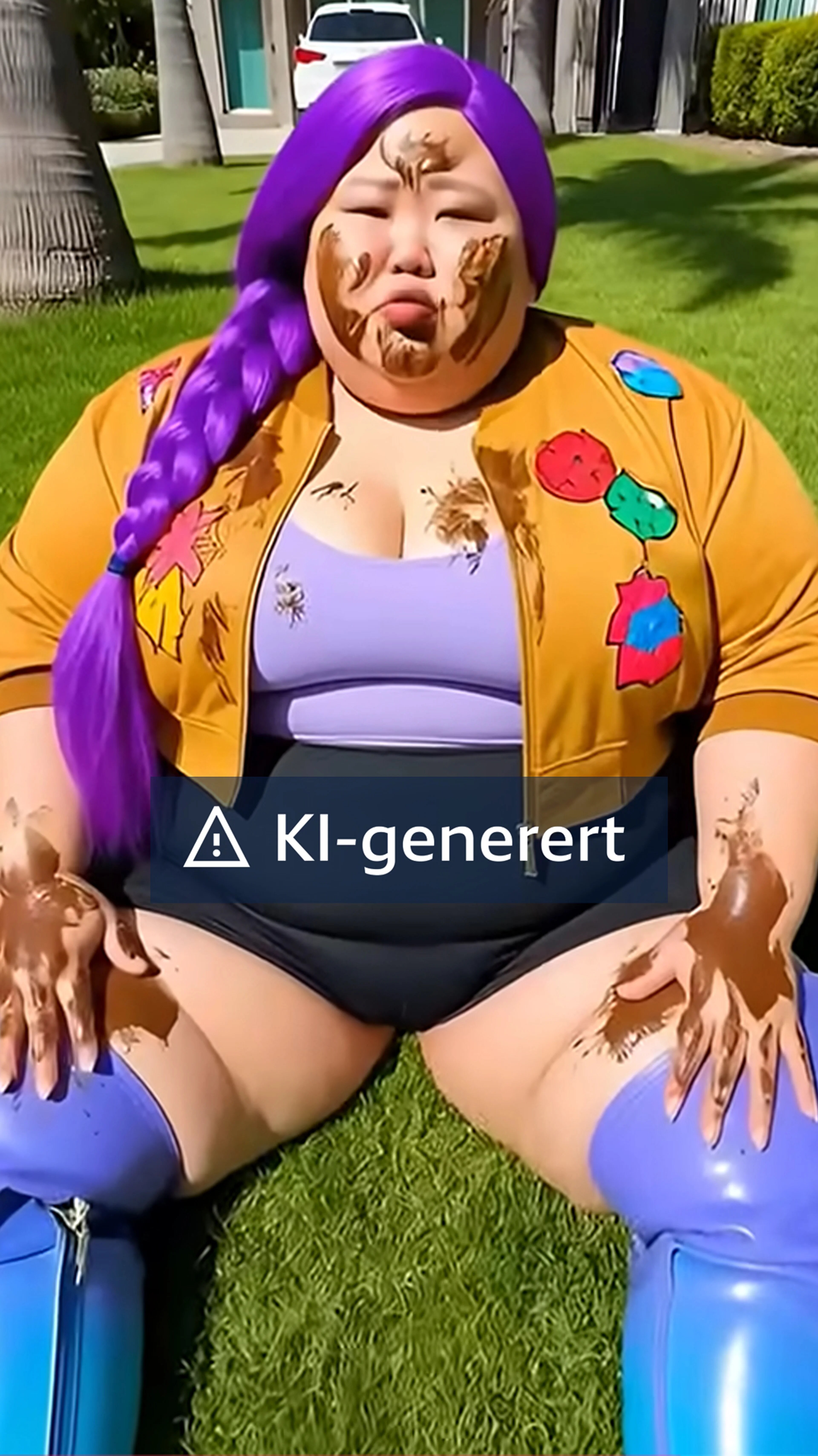 Skjermdump fra en YouTube-video med en KI-generert, kraftig kvinne som sitter på bakken og ser i kameraet.