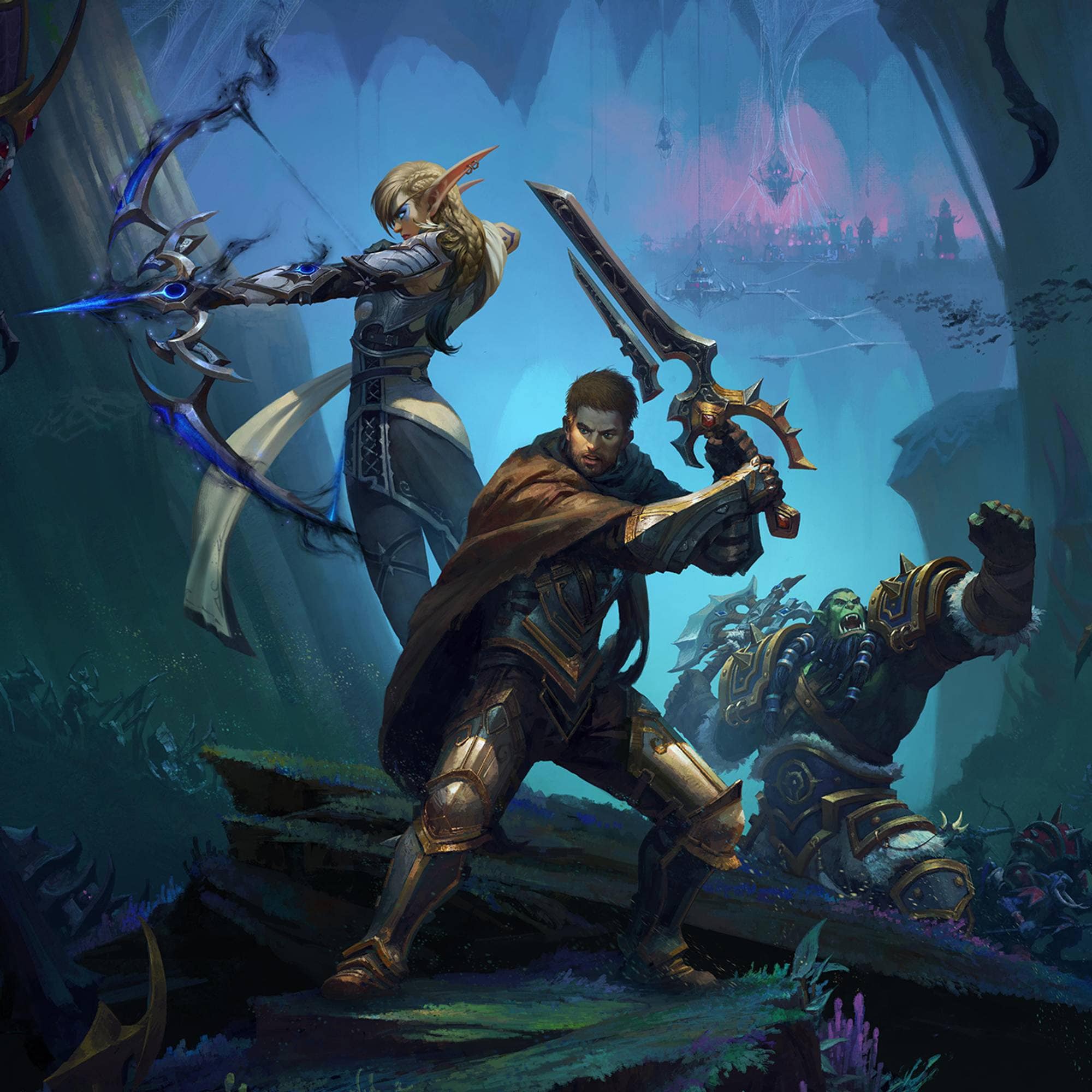 Plakat fra spillet «World of Warcraft» med flere fantasifigurer i kampklar posisjon.