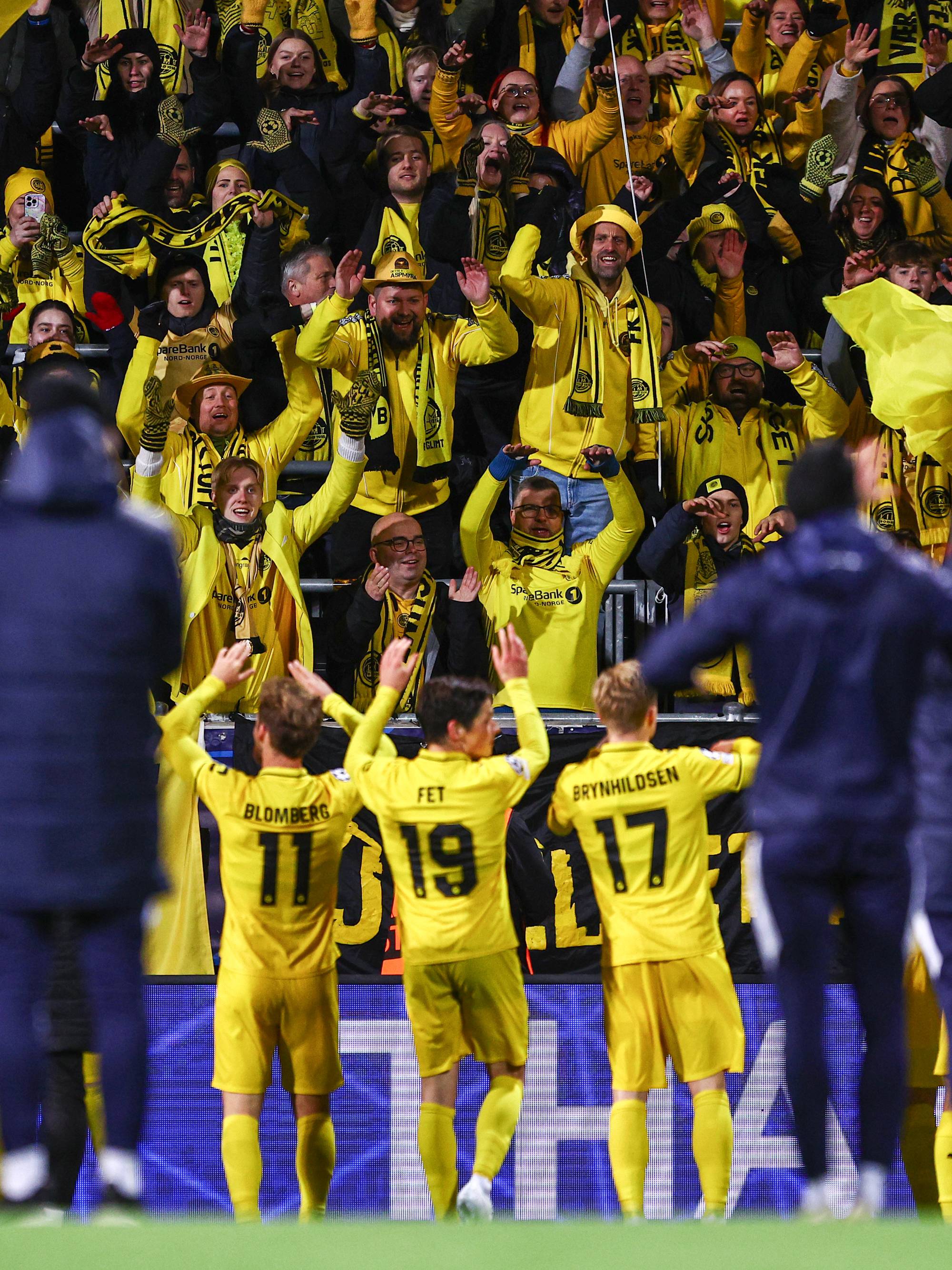 Spillere i gule drakter jubler foran supportere med gule flagg på en fotballstadion. (Bildebeskrivelsen er laget av en KI-tjeneste)