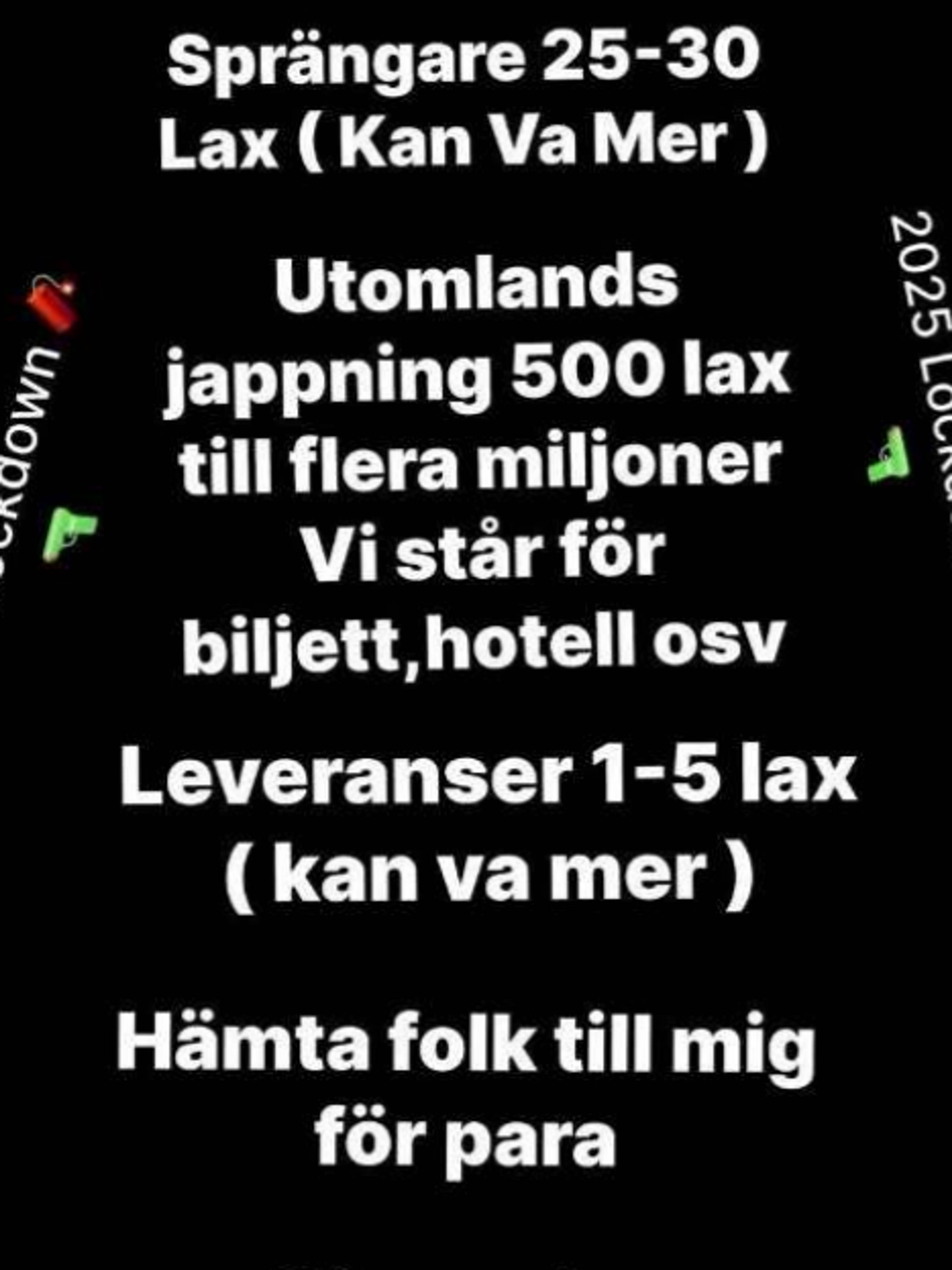 Illustrasjon med svensk tekst om rekruttering av kriminelle og betaling for voldelige oppdrag.