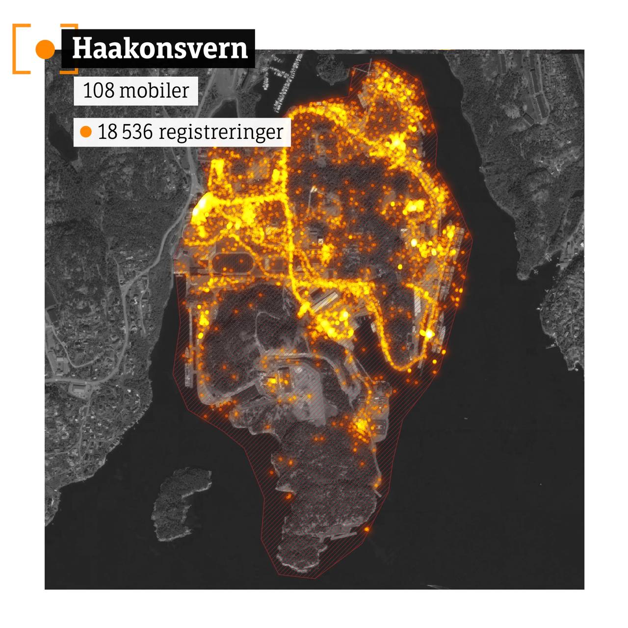 Kart over Haakonsvern, med oransje punkter. Tekst: