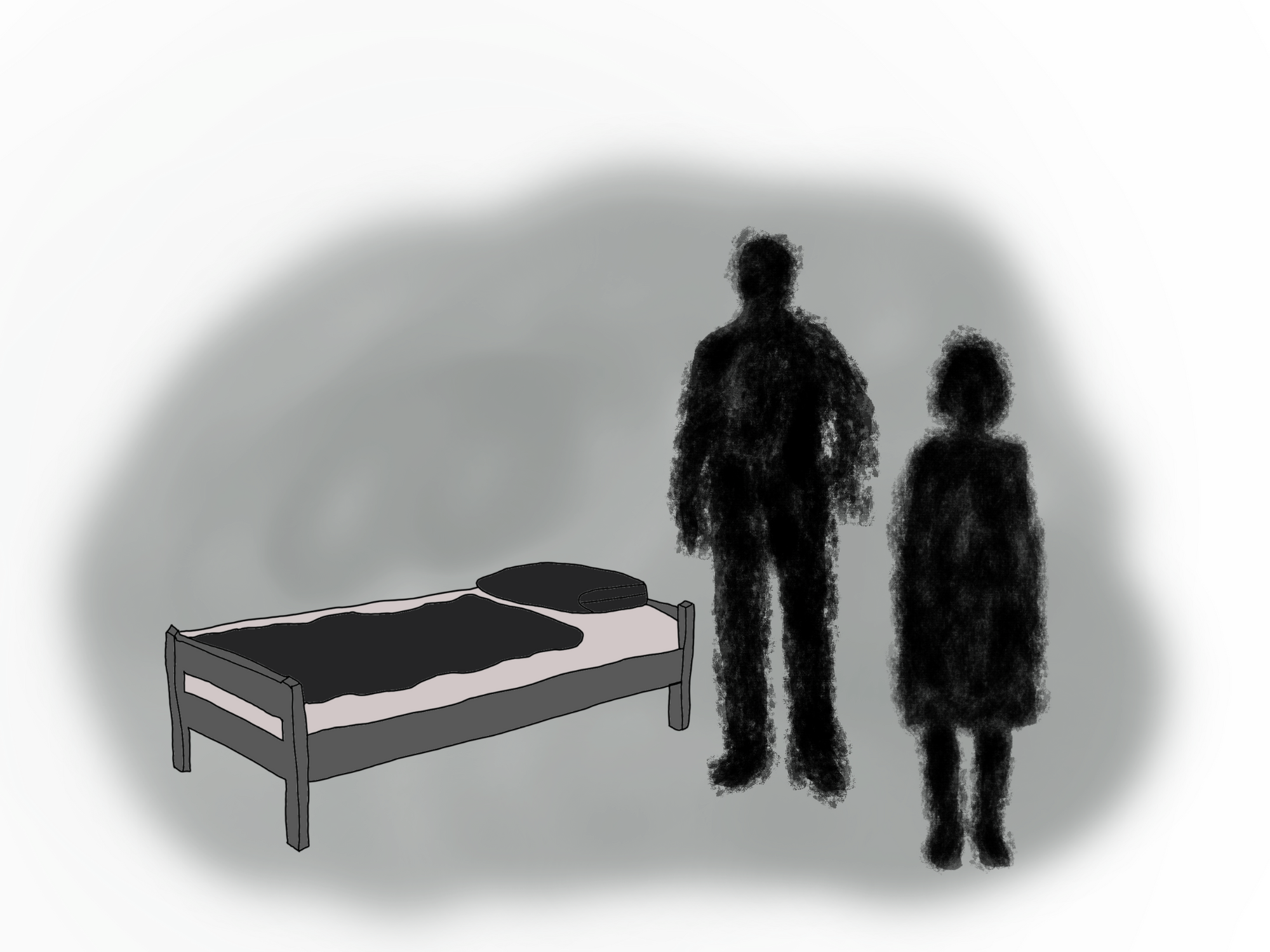 Illustrasjon av to mørke skikkelser som står ved siden av en seng i et mørkt rom. (Bildebeskrivelsen er laget av en KI-tjeneste)