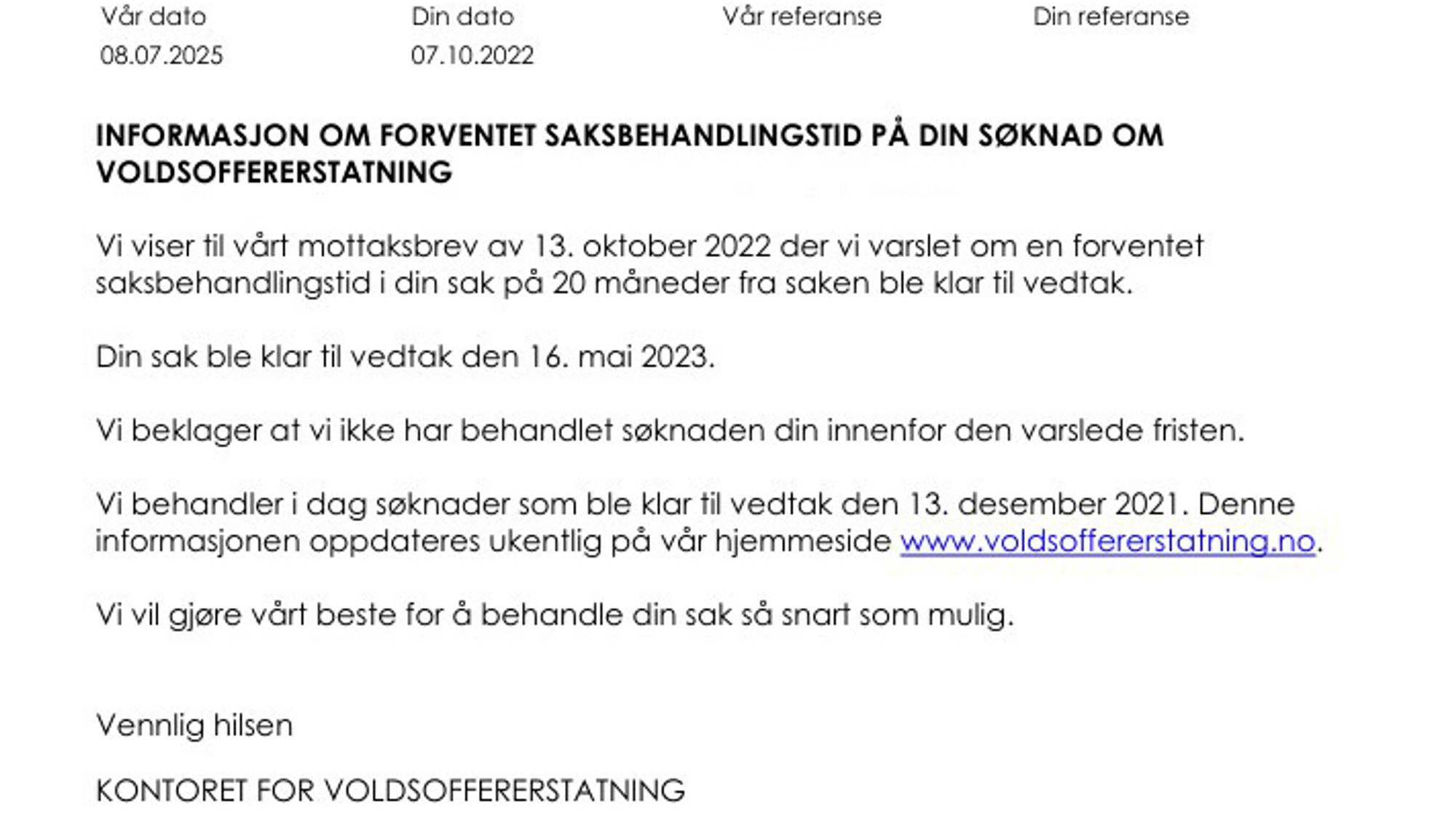 Brev fra Kontor for voldsoffererstatning 
