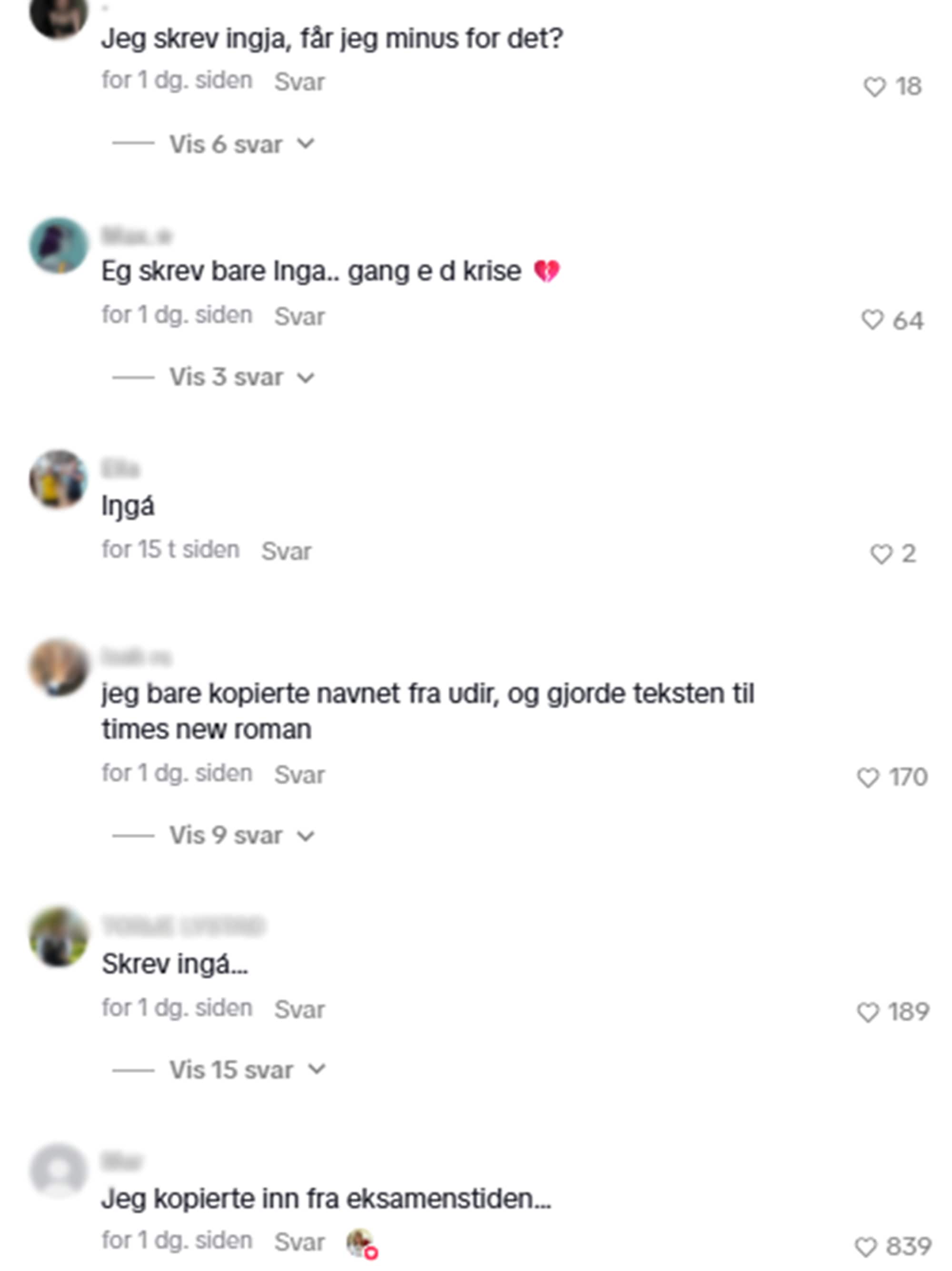 Et skjermbilde viser en rekke kommentarer. En bruker skriver "Jeg skrev ingja, får jeg minus for det?". En annen svarer "Eg skrev bare Inga.. gang e d krise". En tredje skriver "jeg bare kopierte navnet fra udir, og gjorde teksten til times new roman". Den siste kommentaren viser "Jeg kopierte inn fra eksamenstiden...". 