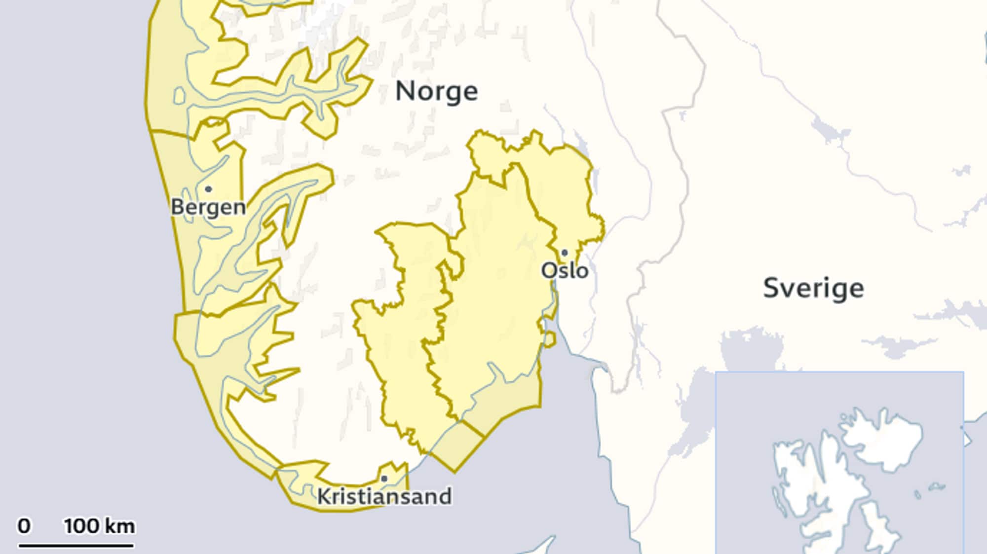 kart som viser at det er gult farevarsel hele vetlandskysten sør for stadt og på østlandet vest for oslofjorden og på sørlandskysten