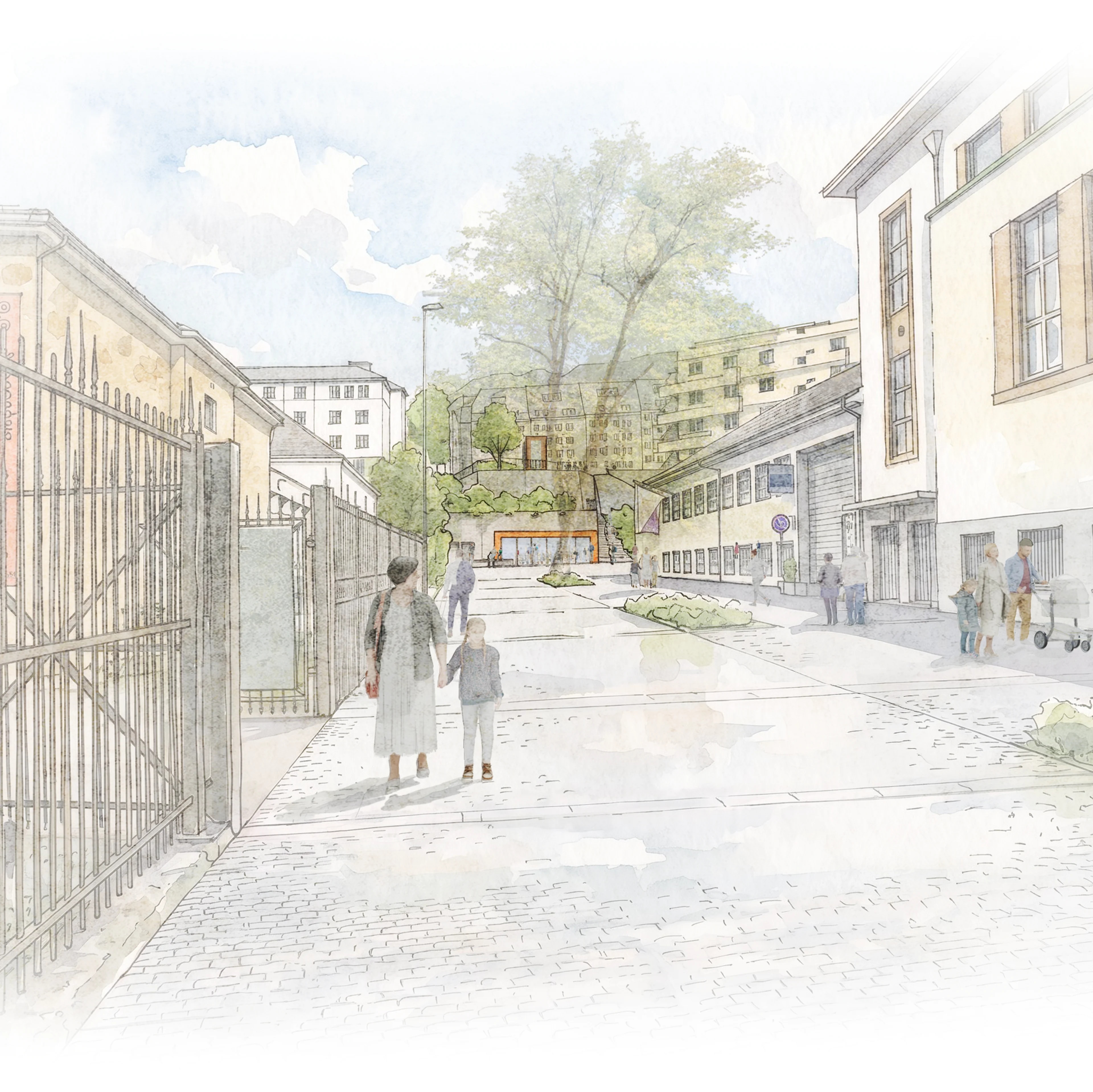 Illustrasjonsteikning av planlagd bybanetrase frå Bergen sentrum til Åsane bydel: Sandbrogaten i Sandviken.