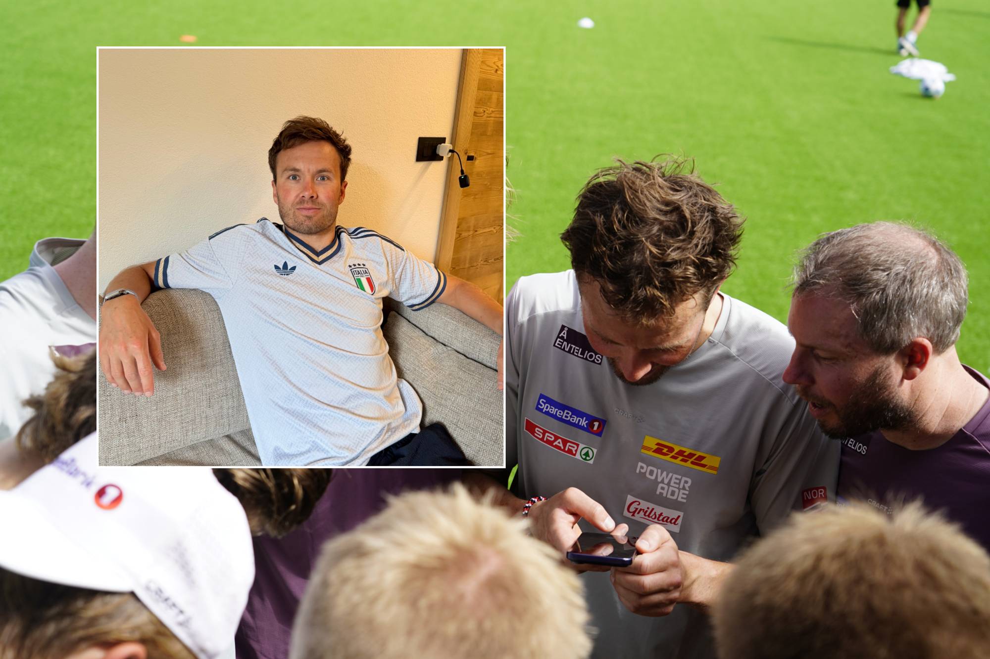Emil Iversen står i en sirkel med folk rundt seg og en innklipt bilde av Iversen i Italia-drakt