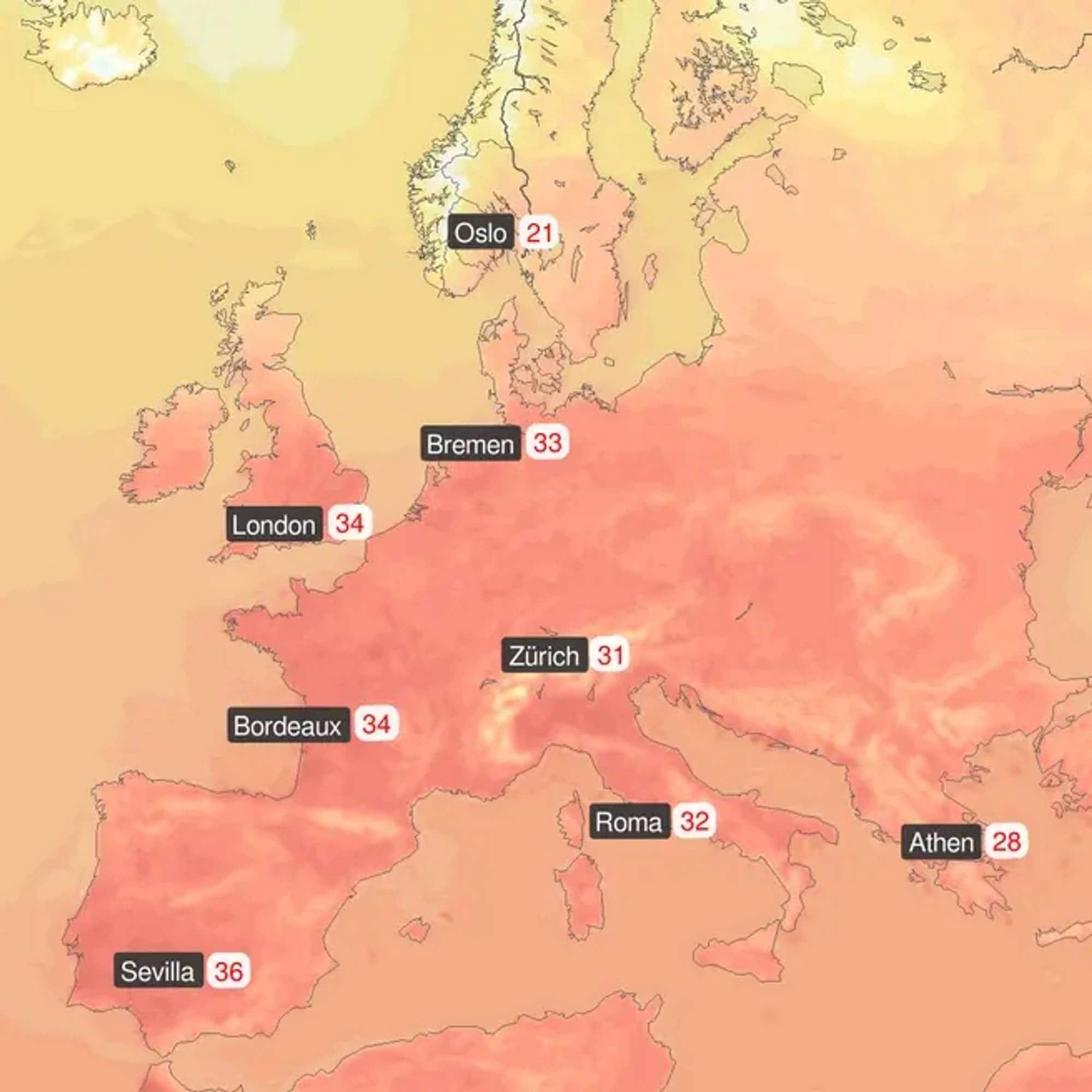 eit oransjefarga kart med nummer som viser temperatur på ulike stadar tysdag: oslo 21, london 34, bremen 33, bordeaux 34, sevilla 36, zurich 31, roma 32 og athen 28 