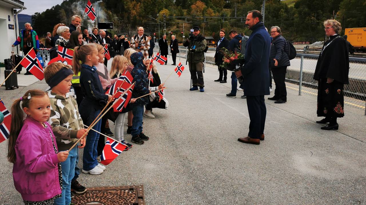 Folk med flagg på Dombås stasjon for å ønske kronprins Haakon velkommen.