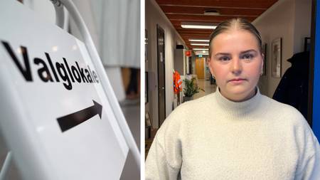 Todelt bilde: 
Til høyre: En ung kvinne med hvit genser
Til venstre: Et skilt hvor det står valglokale med en pil