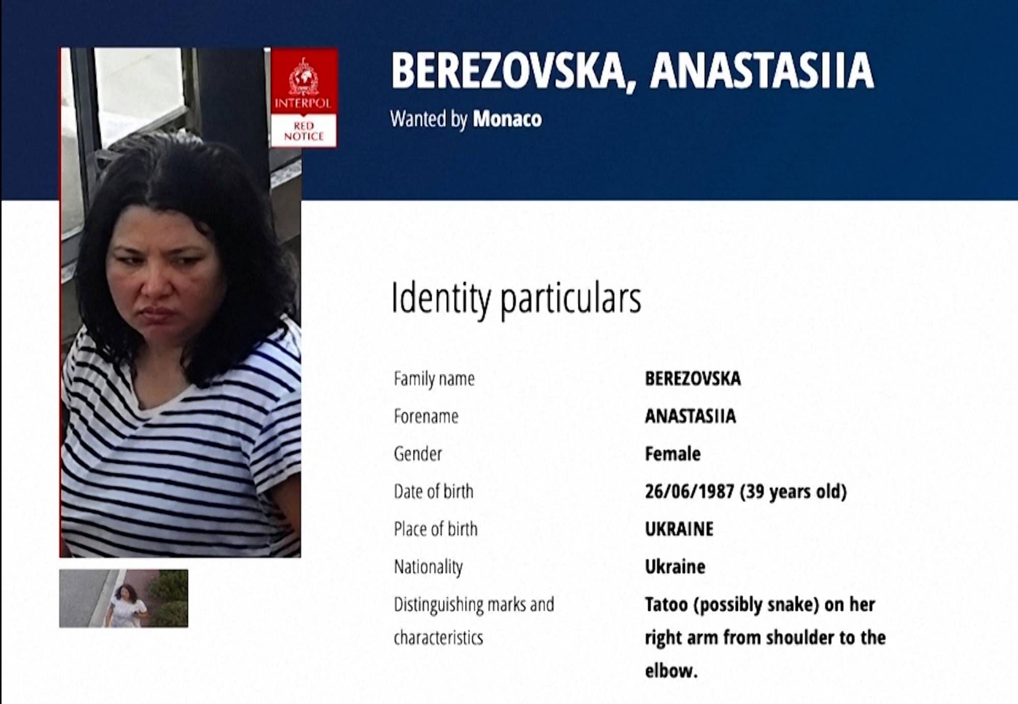 Skjermdump fra Interpol sine nettsider som ettersøkte Anastasiia i dagene etter bombingen. 
