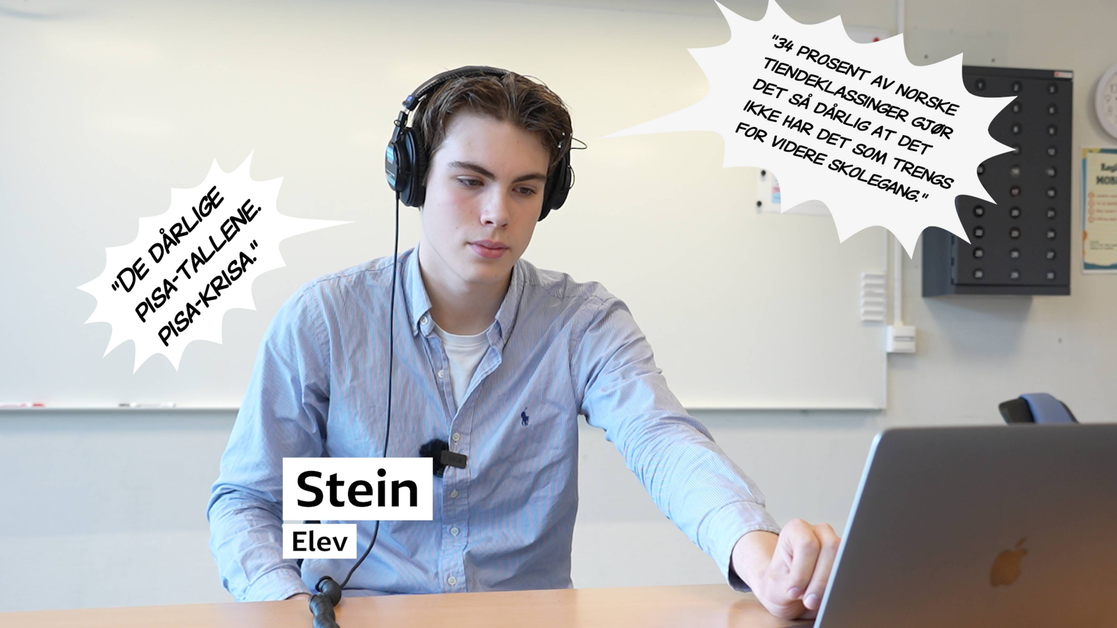 Illustrasjon av en elev med hodetelefoner foran en bærbar PC med påklistrede snakkebobler og tekst. (Bildebeskrivelsen er laget av en KI-tjeneste)