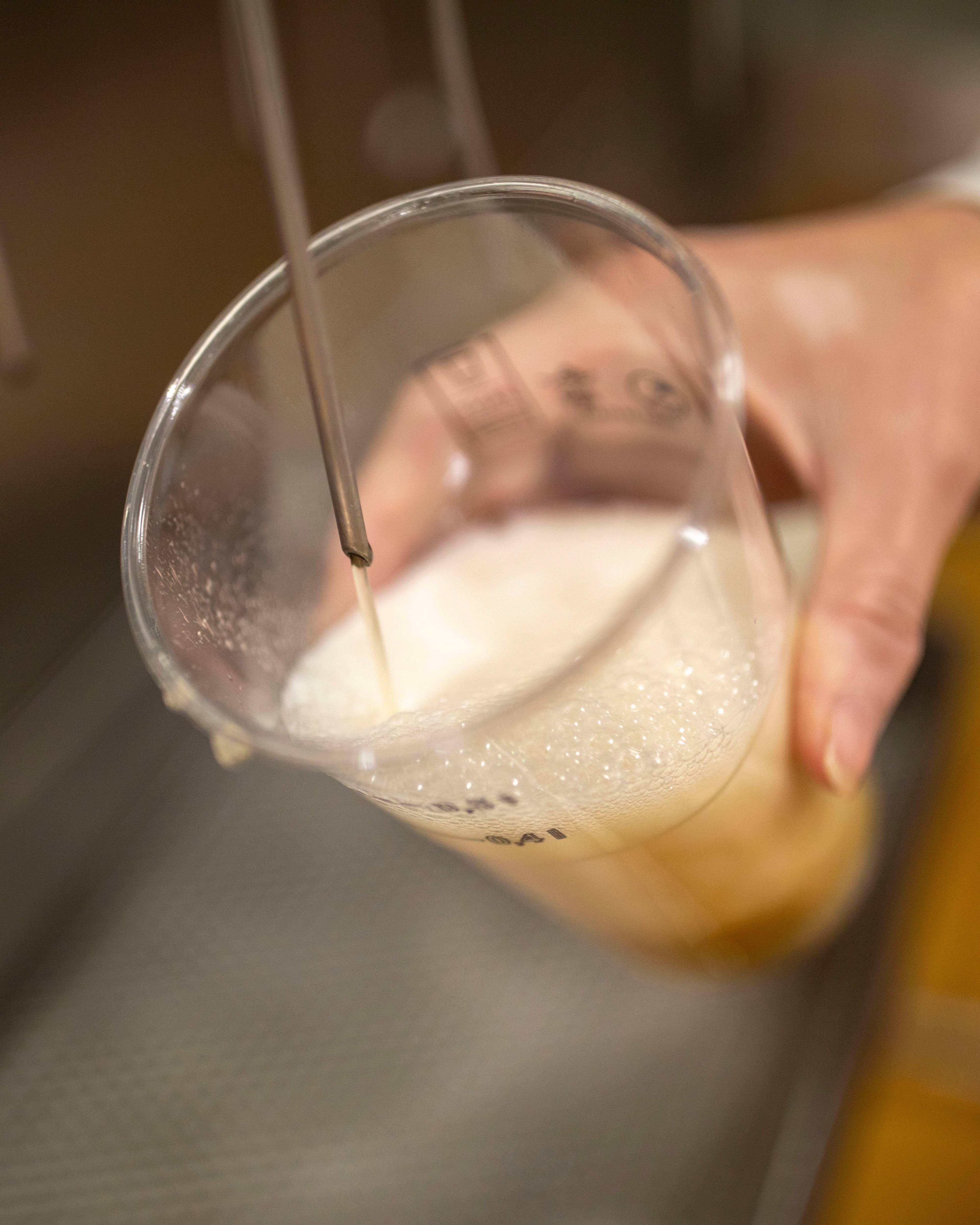 Øl tappes fra en tynn kran oppi et plastglass.