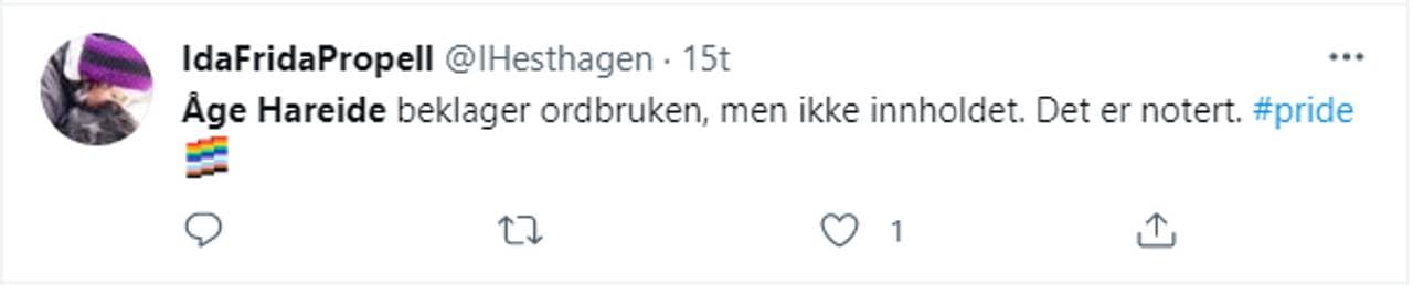 Twitter-melding om Åge Hareide på Dagsnytt 18.
