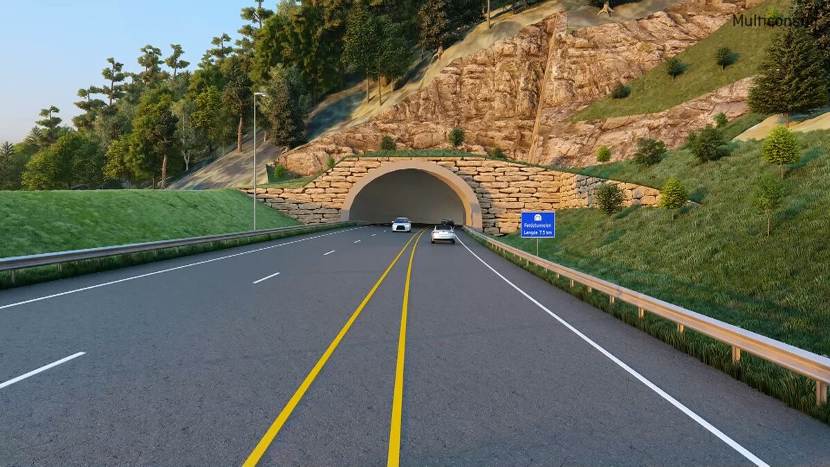 Visualisering av en ny vei med tunnel. En blått skilt med tekst på indikerer at tunnelen heter Ferdtunellen og har en lengde på 7,5 km. (Bildebeskrivelsen er laget av en KI-tjeneste) FOTO: Multiconsult Visualisering av en ny vei med tunnel. En blått skilt med tekst på indikerer at tunnelen heter Ferdtunellen og har en lengde på 7,5 km. (Bildebeskrivelsen er laget av en KI-tjeneste) FOTO: Multiconsult