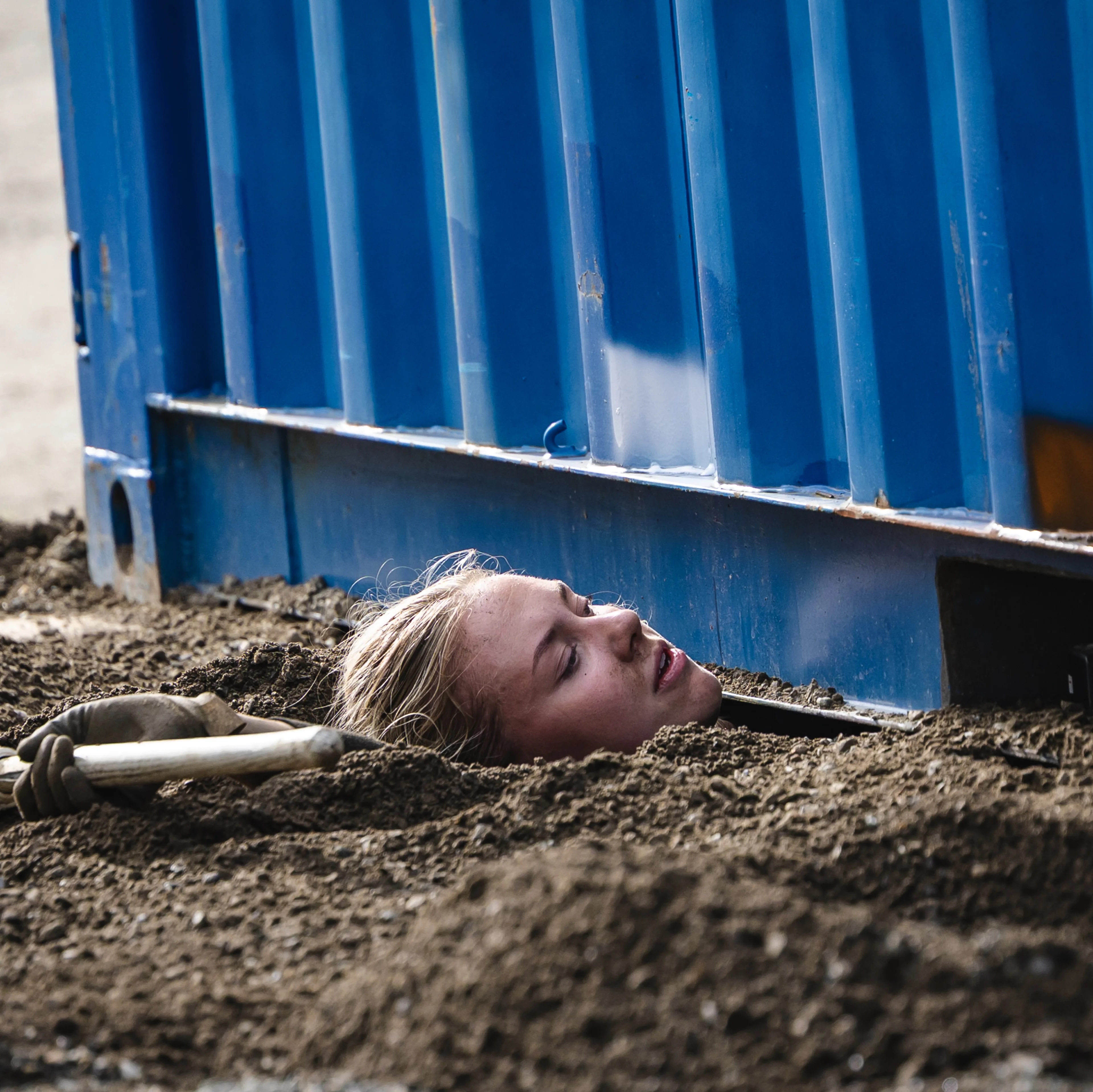 Tora er i ferd med å grave seg under en blå container. Vi ser bare hodet hennes, kroppen er under containeren.