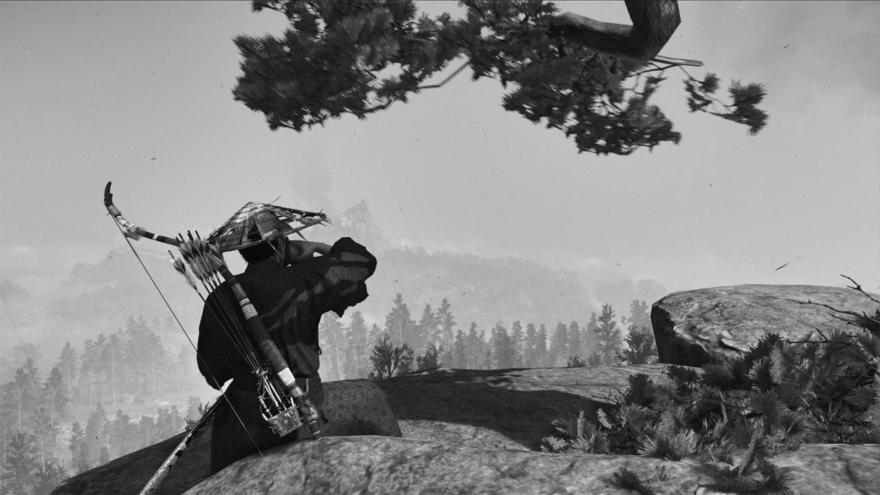 Skjermbilde fra spillet «Ghost of Tsushima» med Kurosawa-filteret aktivert.