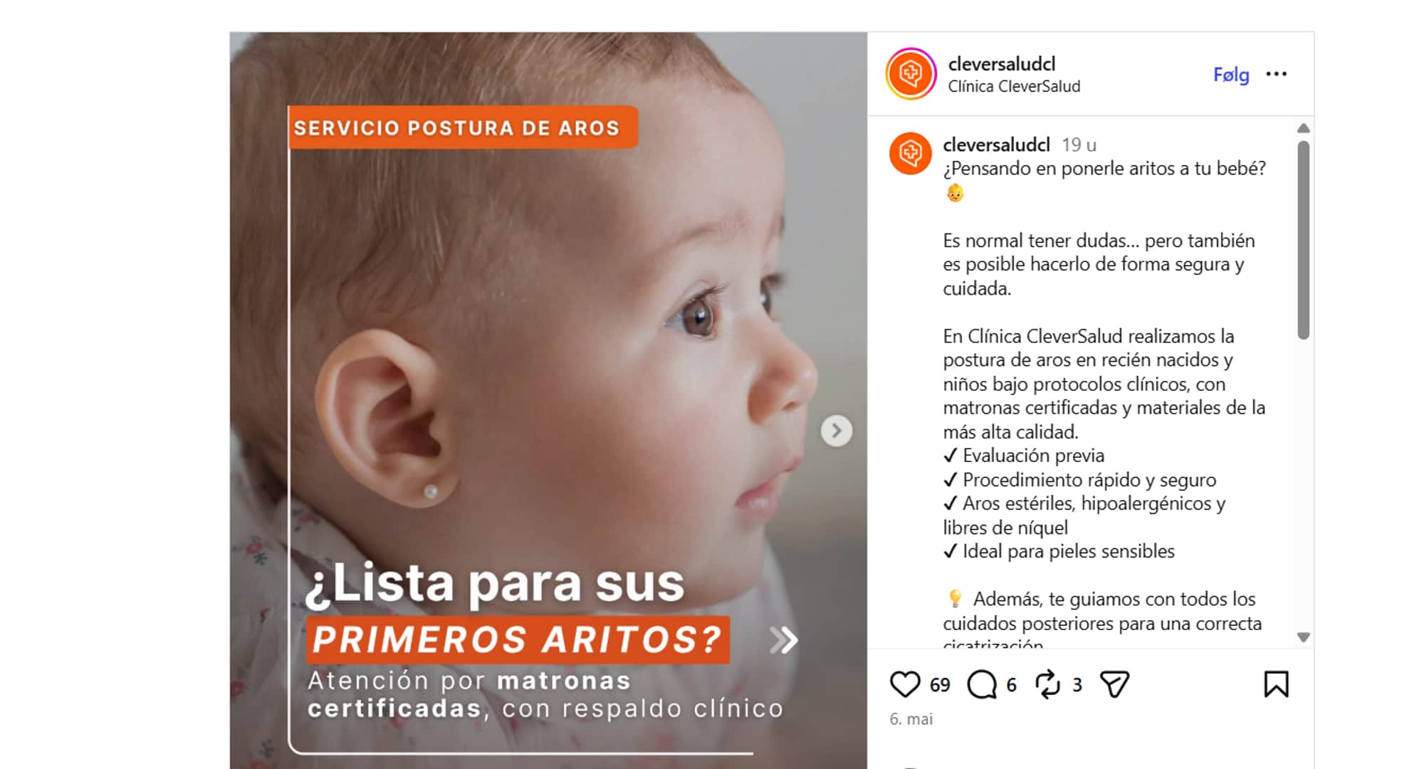 En klinikk i Chile reklamerer på instagram om at de tar hull i ørene på babyer over tre kilo. 