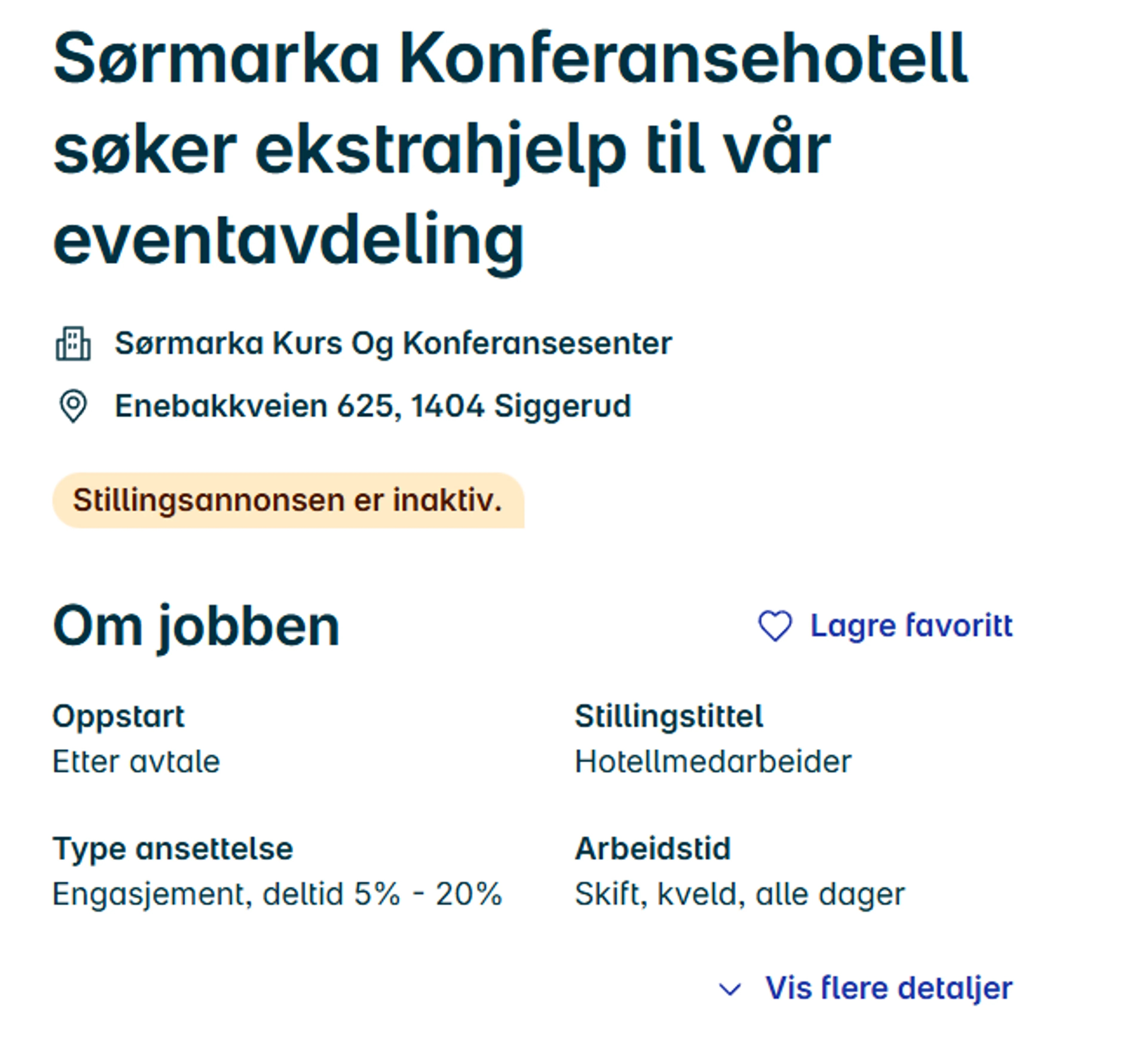 Bildet viser en annonse på finn.no der Sørmarka Konferansehotell søker etter en hotellmedarbeider på 5 - 20 prosent stilling.