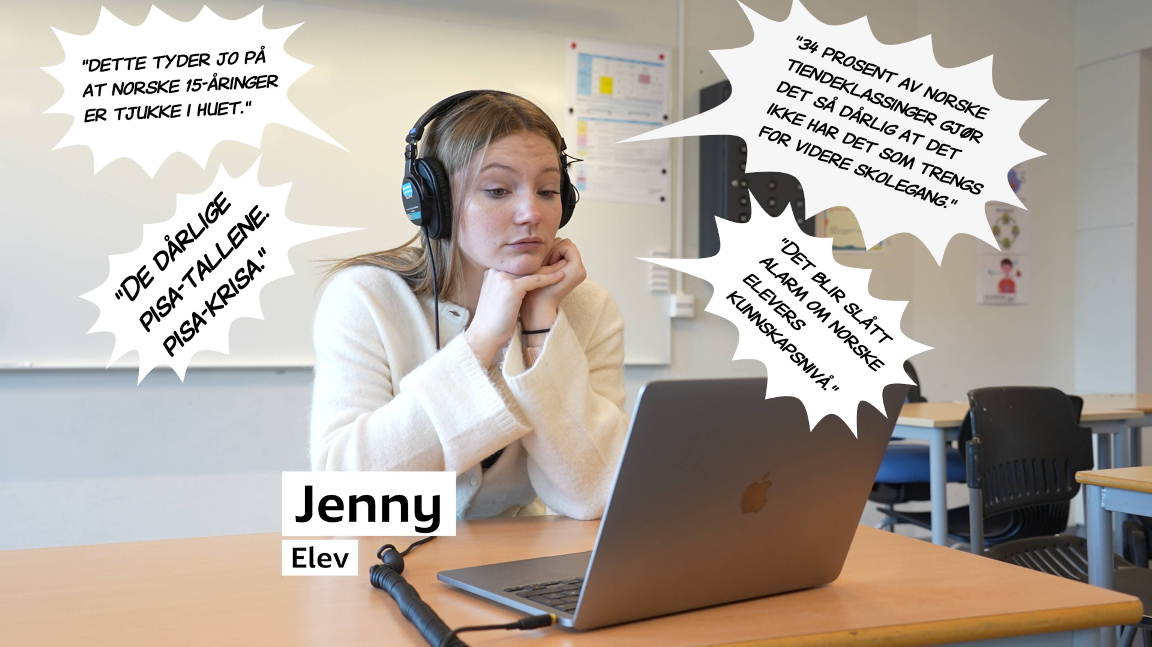 Illustrasjon av en elev med hodetelefoner foran en PC i et klasserom, omgitt av sitatbobler. (Bildebeskrivelsen er laget av en KI-tjeneste)
