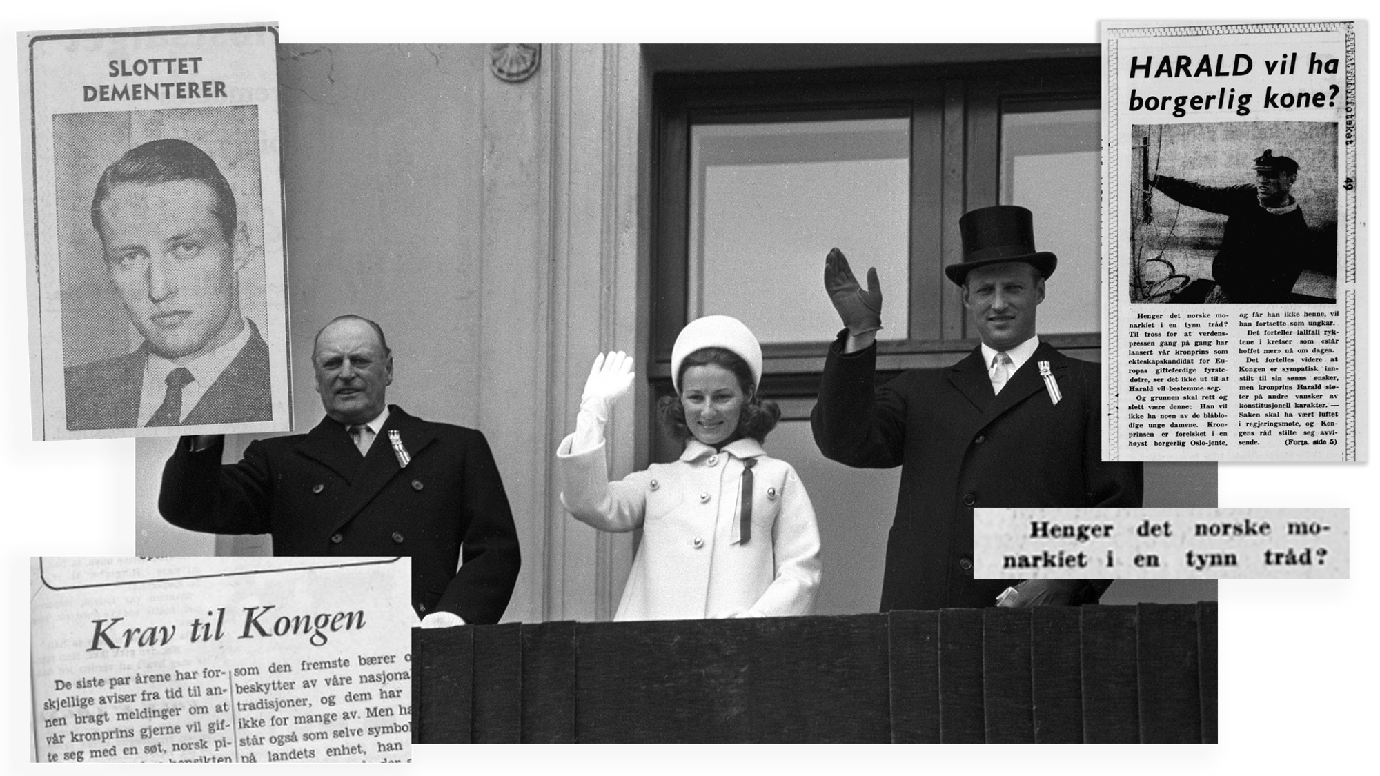 Kong Olav, kronprinsesse Sonja og kronprins Harald vinker på Slottsbalkongen 17. mai 1969