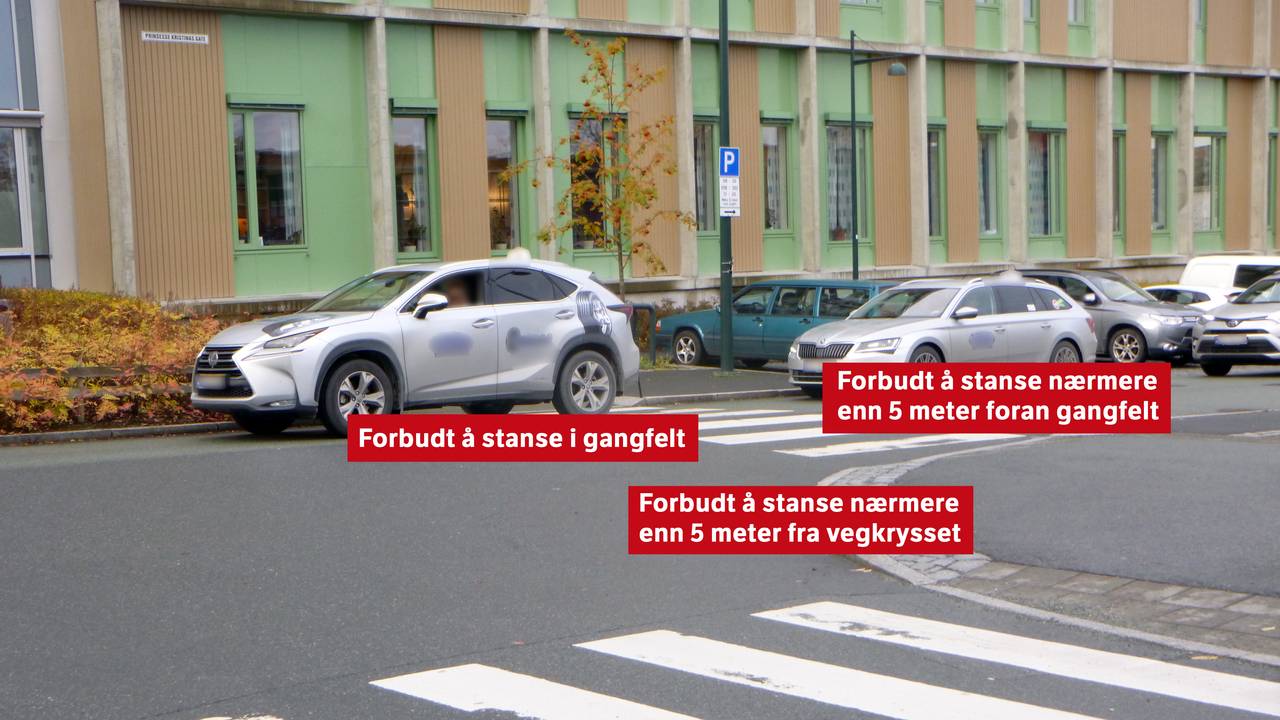 Fasit på spørsmålet fra forrige bilde
1. Forbudt å stanse i gangfelt
2. Forbudt å stanse nærmere enn fem meter foran gangfelt
3. Forbudt å stanse nærmere enn fem meter fra veikrysset