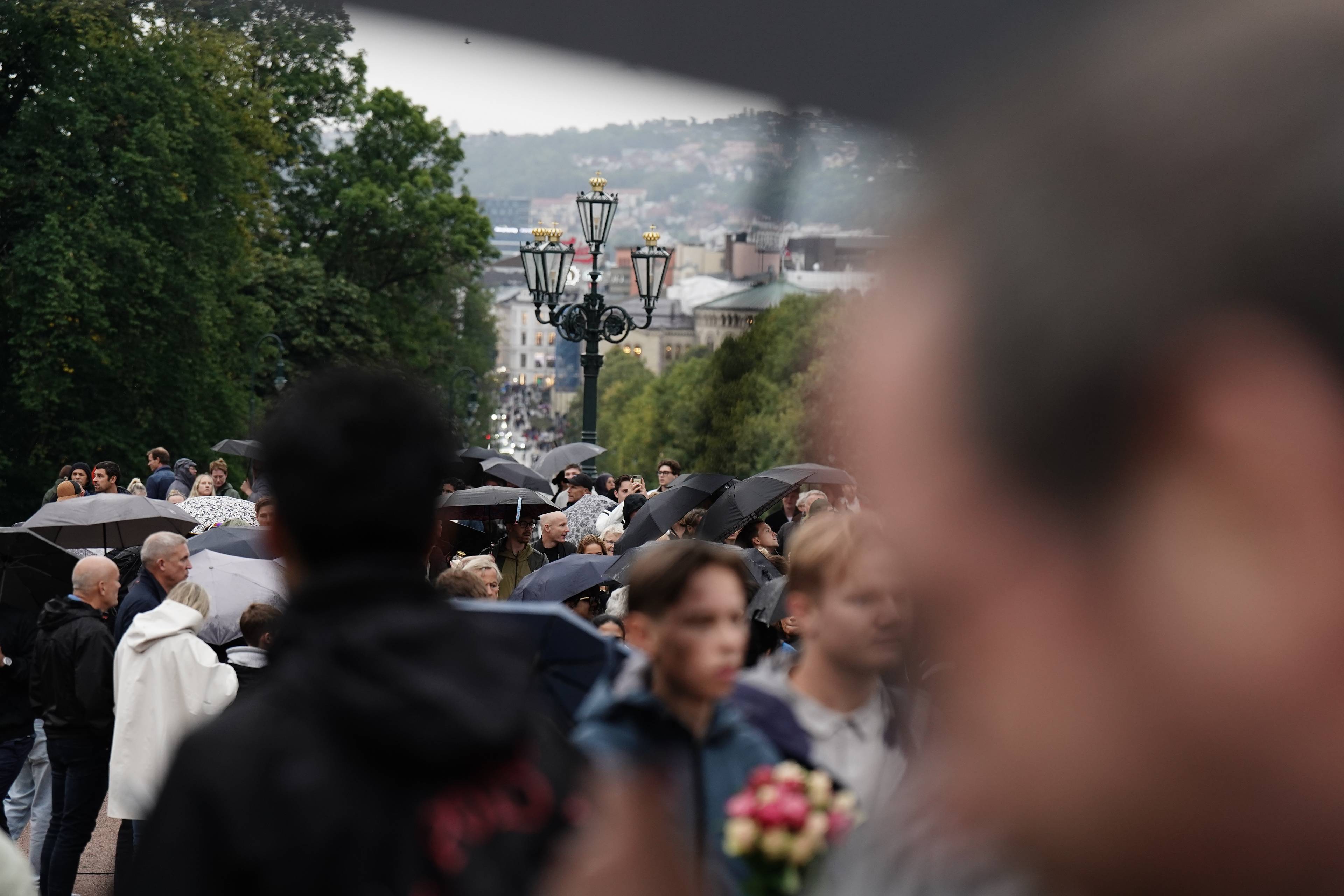 Menneskemengde med paraplyer utenfor Slottet i Oslo. (Bildebeskrivelsen er laget av en KI-tjeneste)