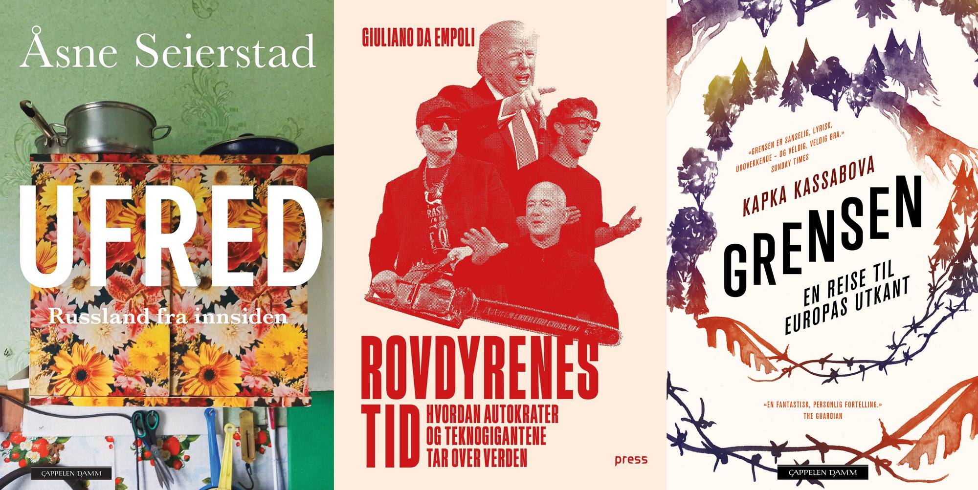Montasje av omslagene til bøkene Ufred, Rovdyrenes tid og Grensen
