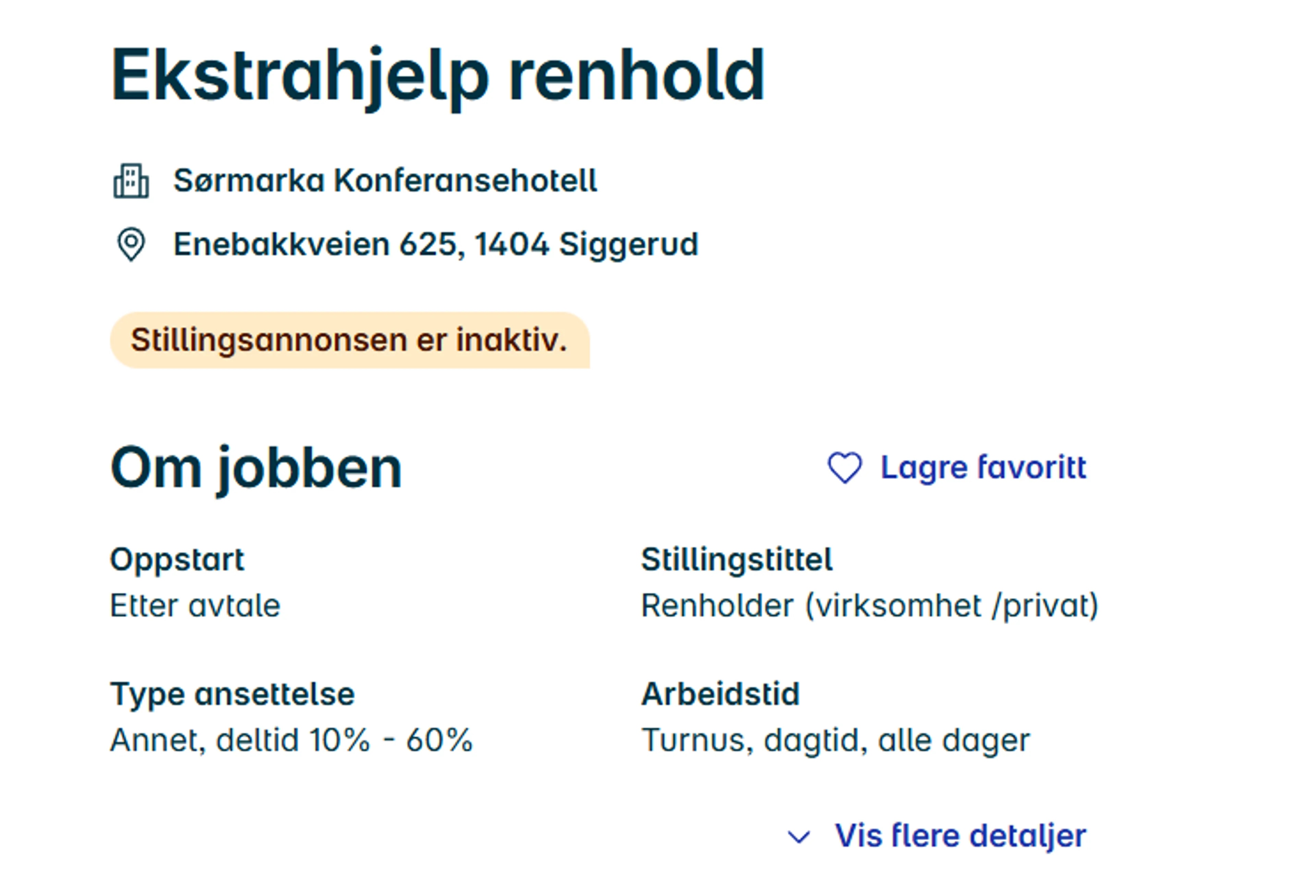 Bildet viser en annonse på finn.no der Sørmarka Konferansehotell søker etter en renholder på 10 - 60 prosent stilling.