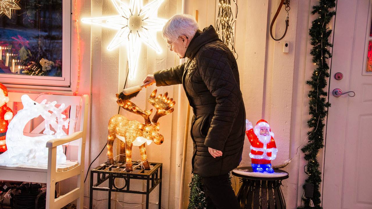 Inger-Johanne Pedersen børster snø av lysende elg