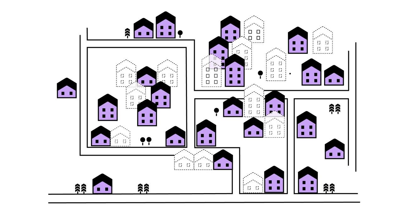 Man ser mange hus, men også bare silhuetter av hus i de mest tettbygde områdene – der folk vil bo.