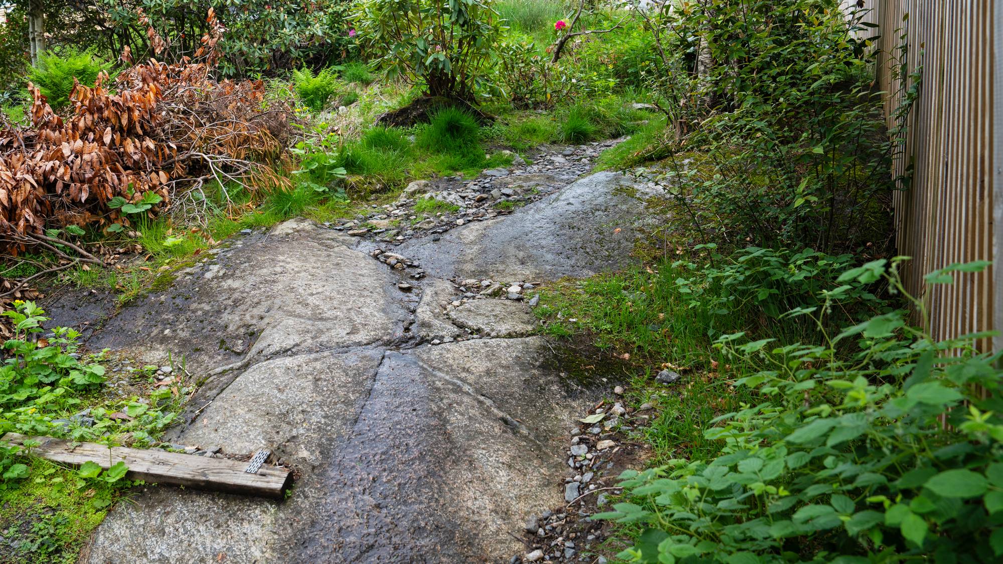 ein sti går over ein berggrunn langs eit gjerde