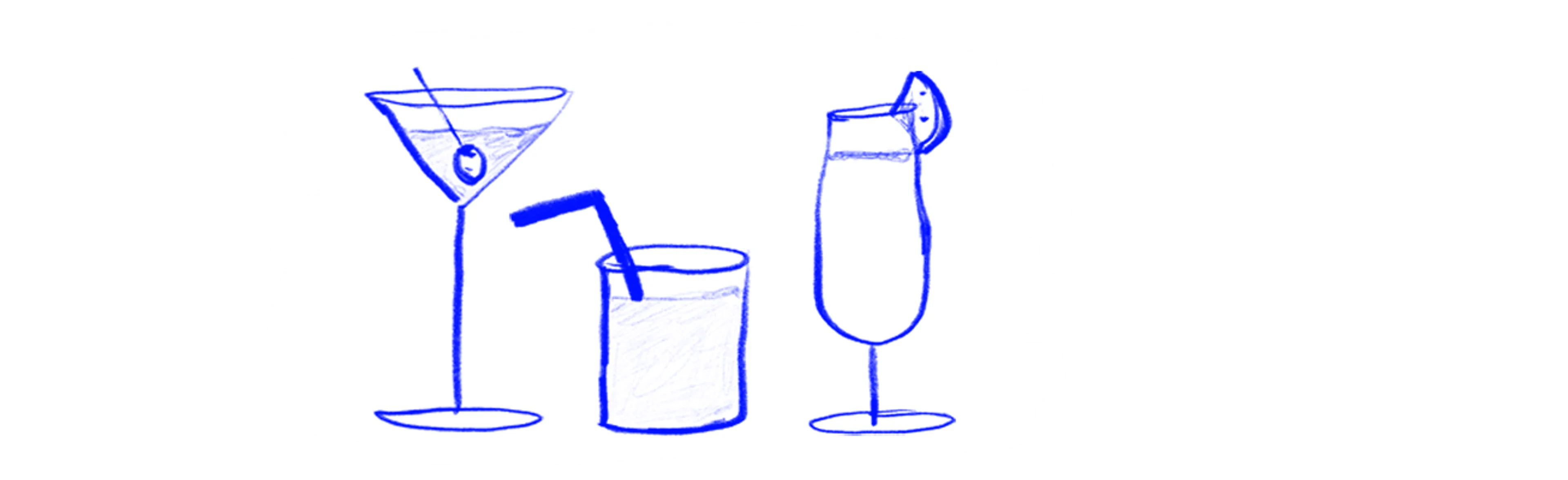 illustrasjon med blå. et martiniglass, en liten drikke med sugerør og en drink med lime-skive i glasskanten.