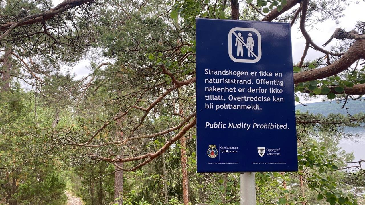 Blått skilt som forbyr nakenbading på Strandskogen.