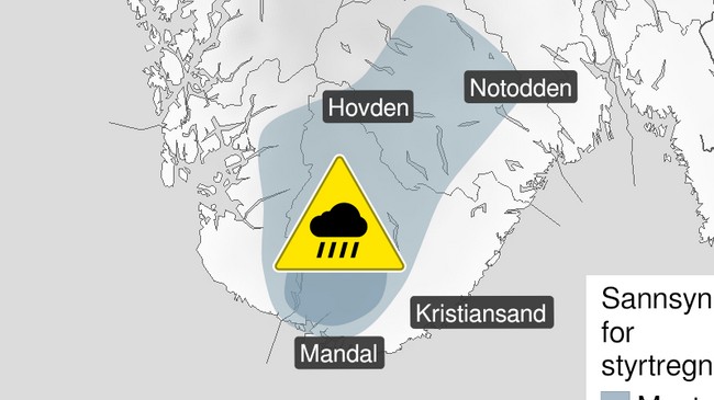 Styrtregnvarsler i Sør-Norge