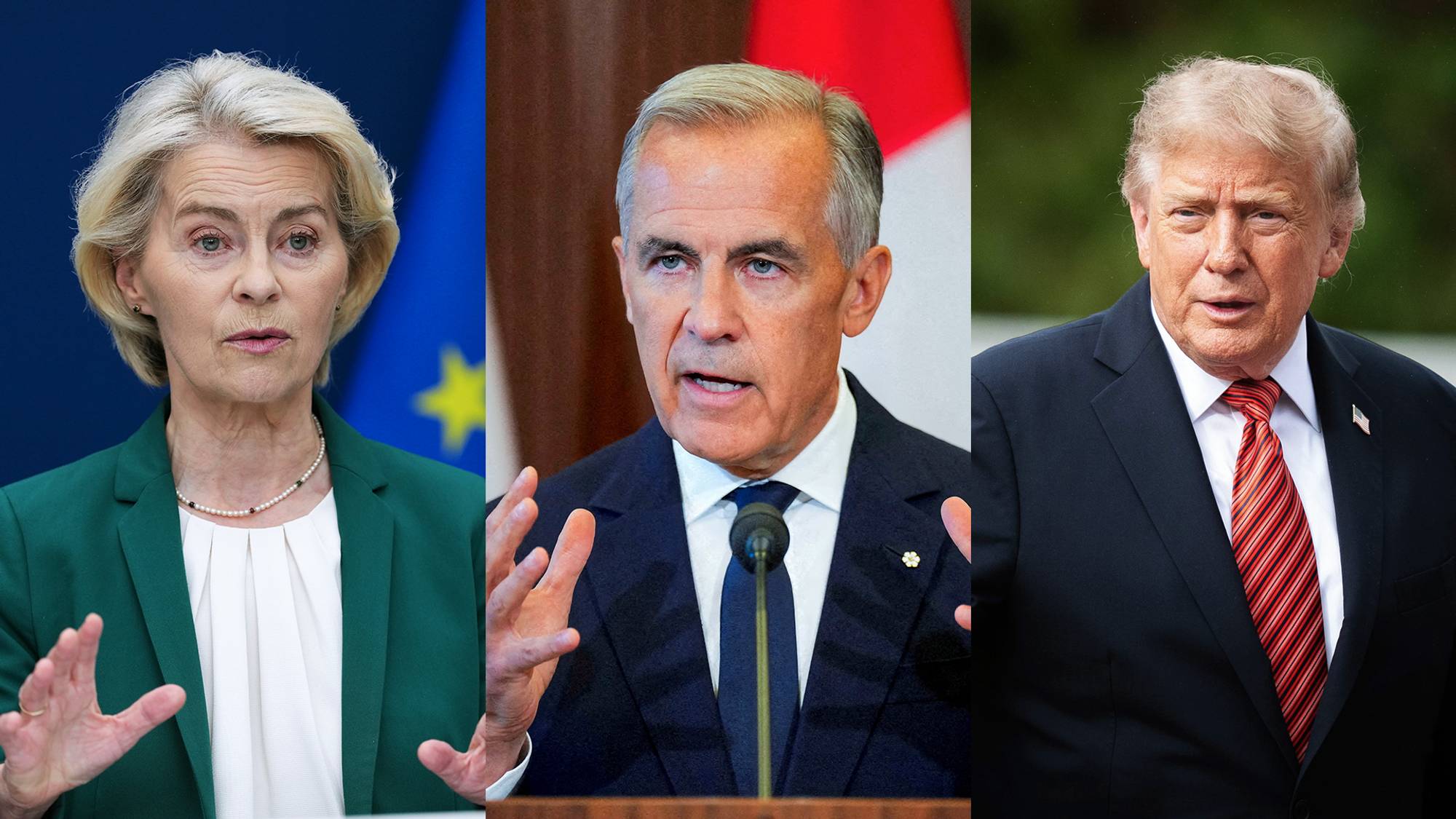 Portrettbilete av Ursula von der Leyen (EU), Mark Carney (Canada) og Donald Trump (USA) i ein collage. 