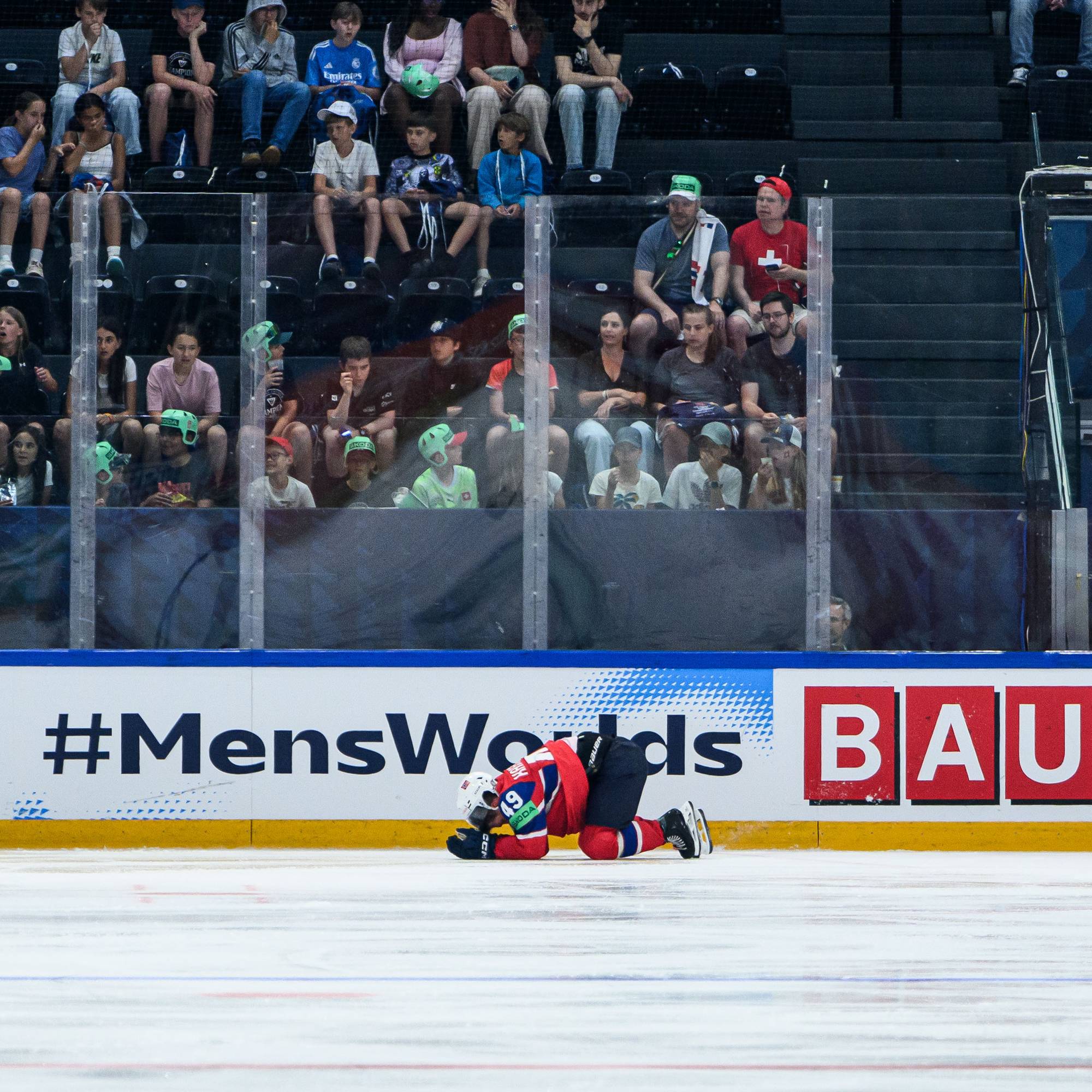 Christian Kåsastul of Norway in pain during the 2026 IIHF Ice Hockey World Championship match between Norway and Denmark on May 26, 2026 in Fribourg.