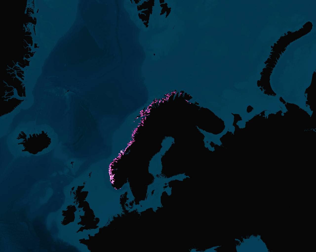 Kartet viser fiskeoppdrettsanlegg langs norgeskysten.